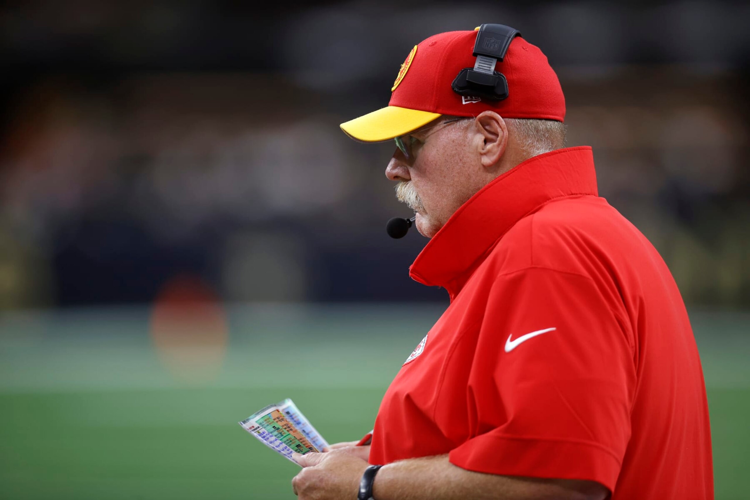 NEW ORLEANS, LOUISIANA - AUGUST 13: Andy Reid of the Kansas City Chiefs looks on during a preseason game at Caesars Superdome on August 13, 2023 in New Orleans, Louisiana. (Photo by Chris Graythen/Getty Images)