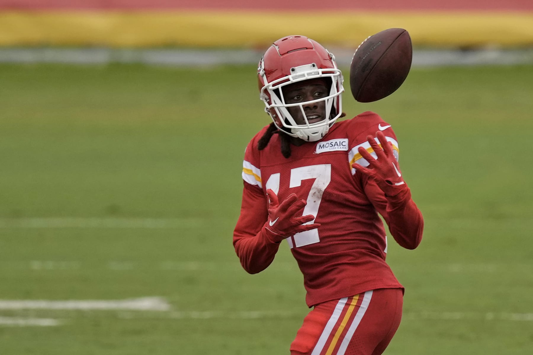 Kansas City Chiefs wide receiver Richie James catches a ball during NFL football training camp Friday, Aug. 4, 2023, in St. Joseph, Mo. (AP Photo/Charlie Riedel)
