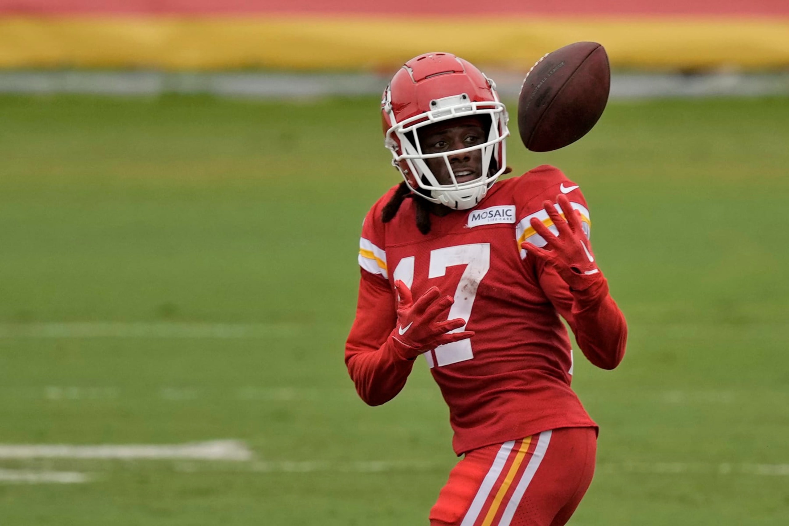 Kansas City Chiefs wide receiver Richie James catches a ball during NFL football training camp Friday, Aug. 4, 2023, in St. Joseph, Mo. (AP Photo/Charlie Riedel)