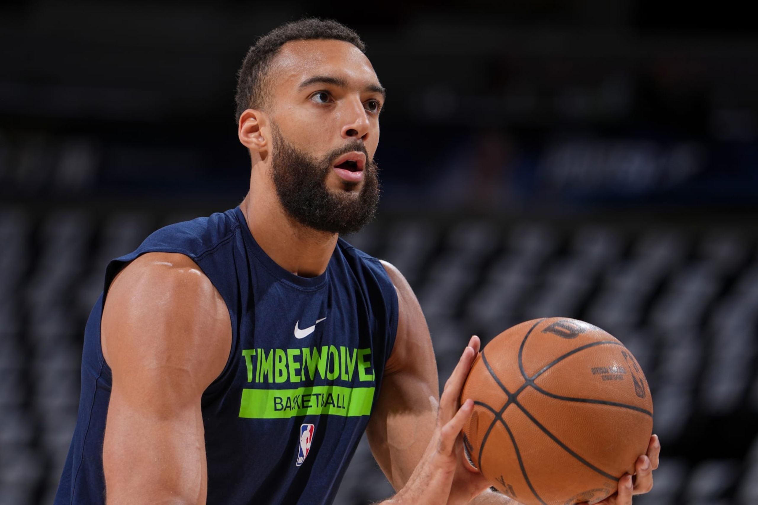 DENVER, CO - APRIL 19:  Rudy Gobert #27 of the Minnesota Timberwolves warms up before the game against the Denver Nuggets during Round One Game Two of the 2023 NBA Playoffs on April 19, 2023 at the Ball Arena in Denver, Colorado. NOTE TO USER: User expressly acknowledges and agrees that, by downloading and/or using this Photograph, user is consenting to the terms and conditions of the Getty Images License Agreement. Mandatory Copyright Notice: Copyright 2023 NBAE (Photo by Bart Young/NBAE via Getty Images)