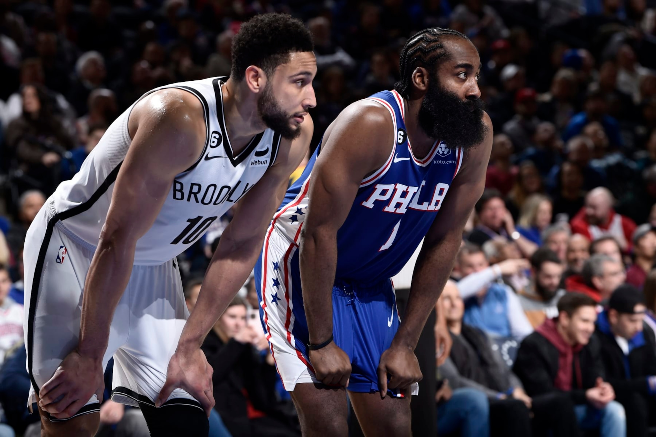 PHILADELPHIA, PA - JANUARY 25: Ben Simmons #10 of the Brooklyn Nets and James Harden #1 of the Philadelphia 76ers look on during the game on January 25, 2023 at the Wells Fargo Center in Philadelphia, Pennsylvania NOTE TO USER: User expressly acknowledges and agrees that, by downloading and/or using this Photograph, user is consenting to the terms and conditions of the Getty Images License Agreement. Mandatory Copyright Notice: Copyright 2023 NBAE (Photo by David Dow/NBAE via Getty Images)