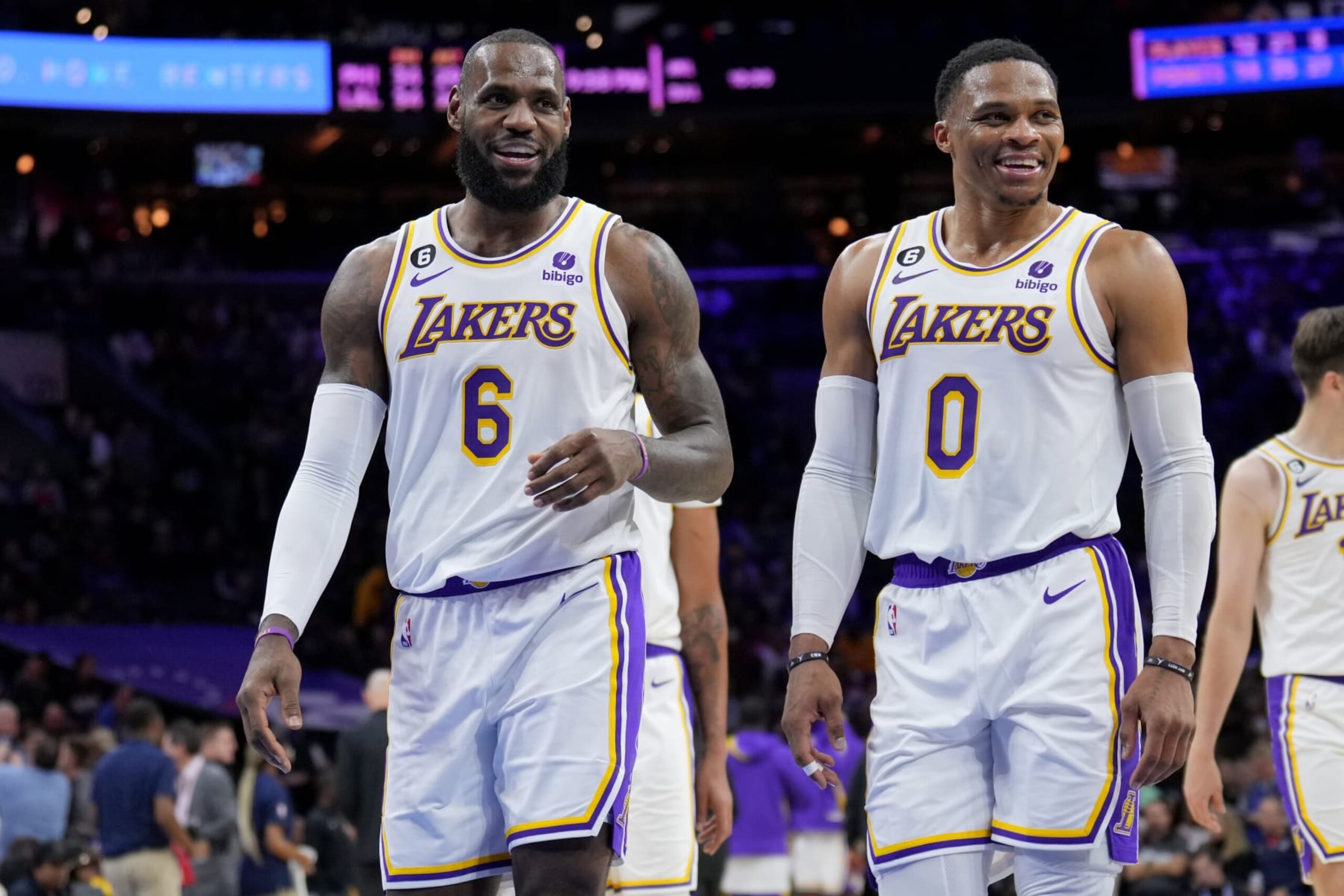 PHILADELPHIA, PA - DECEMBER 9: LeBron James #6 and Russell Westbrook #0 of the Los Angeles Lakers smile during the game against the Philadelphia 76ers on December 9, 2022 at the Wells Fargo Center in Philadelphia, Pennsylvania NOTE TO USER: User expressly acknowledges and agrees that, by downloading and/or using this Photograph, user is consenting to the terms and conditions of the Getty Images License Agreement. Mandatory Copyright Notice: Copyright 2022 NBAE (Photo by Jesse D. Garrabrant/NBAE via Getty Images)