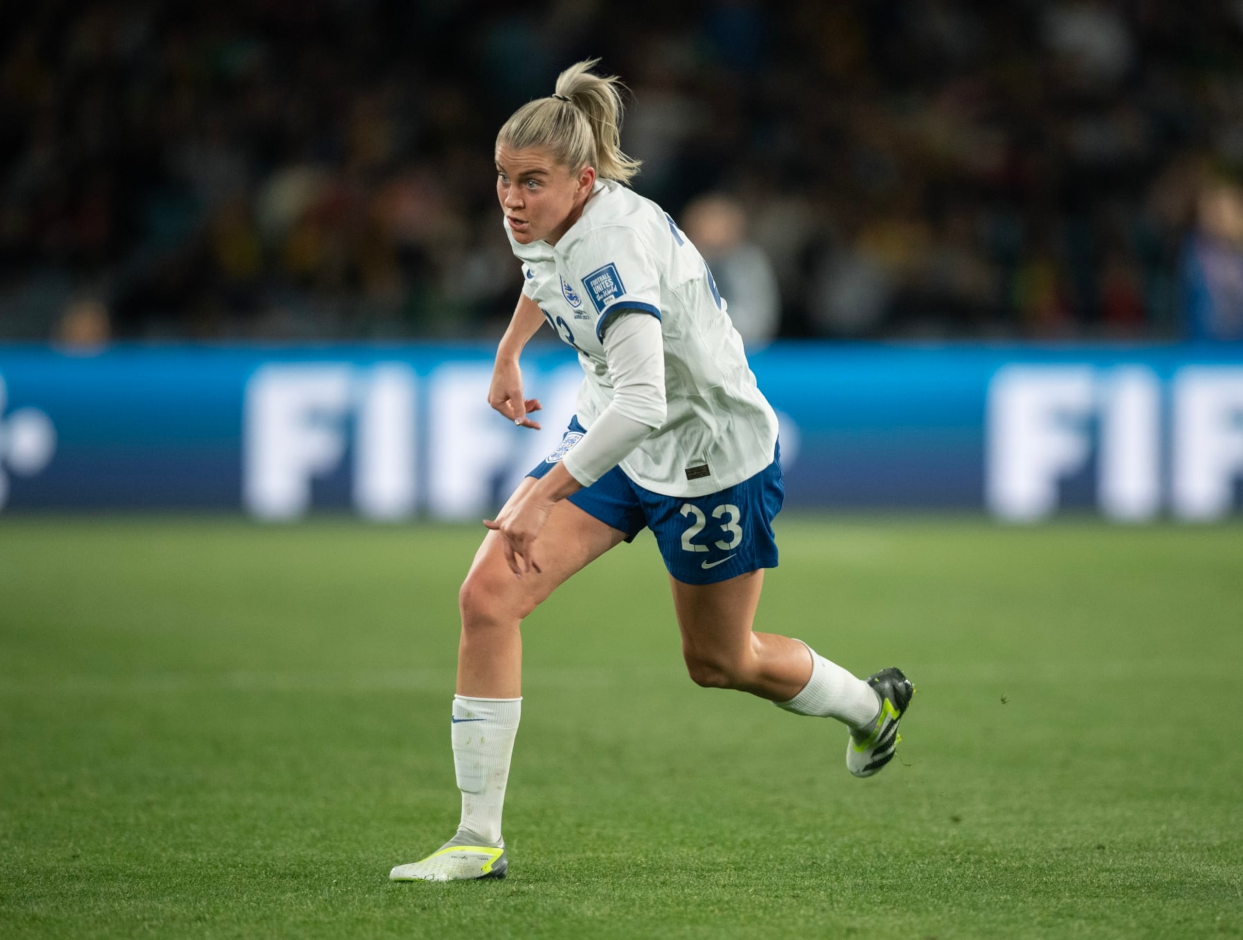 SYDNEY, AUSTRALIA - AUGUST 12: Alessia Russo of England in action during the FIFA Women's World Cup Australia & New Zealand 2023 Quarter Final match between England and Colombia at Stadium Australia on August 12, 2023 in Sydney, Australia. (Photo by Joe Prior/Visionhaus via Getty Images)