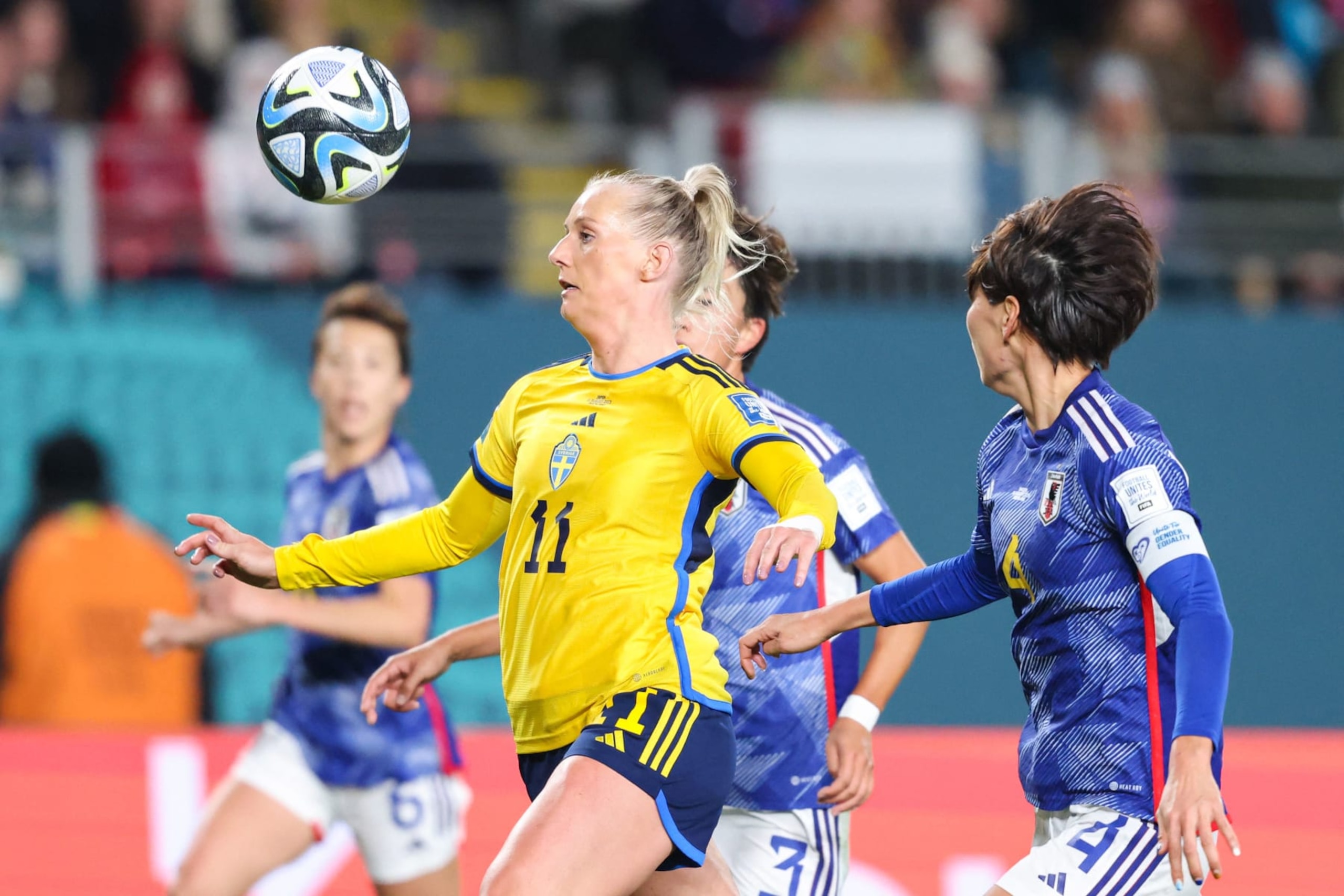 Sweden's forward #11 Stina Blackstenius controls the ball during the Australia and New Zealand 2023 Women's World Cup quarter-final football match between Japan and Sweden at Eden Park in Auckland on August 11, 2023. (Photo by Michael Bradley / AFP) (Photo by MICHAEL BRADLEY/AFP via Getty Images)