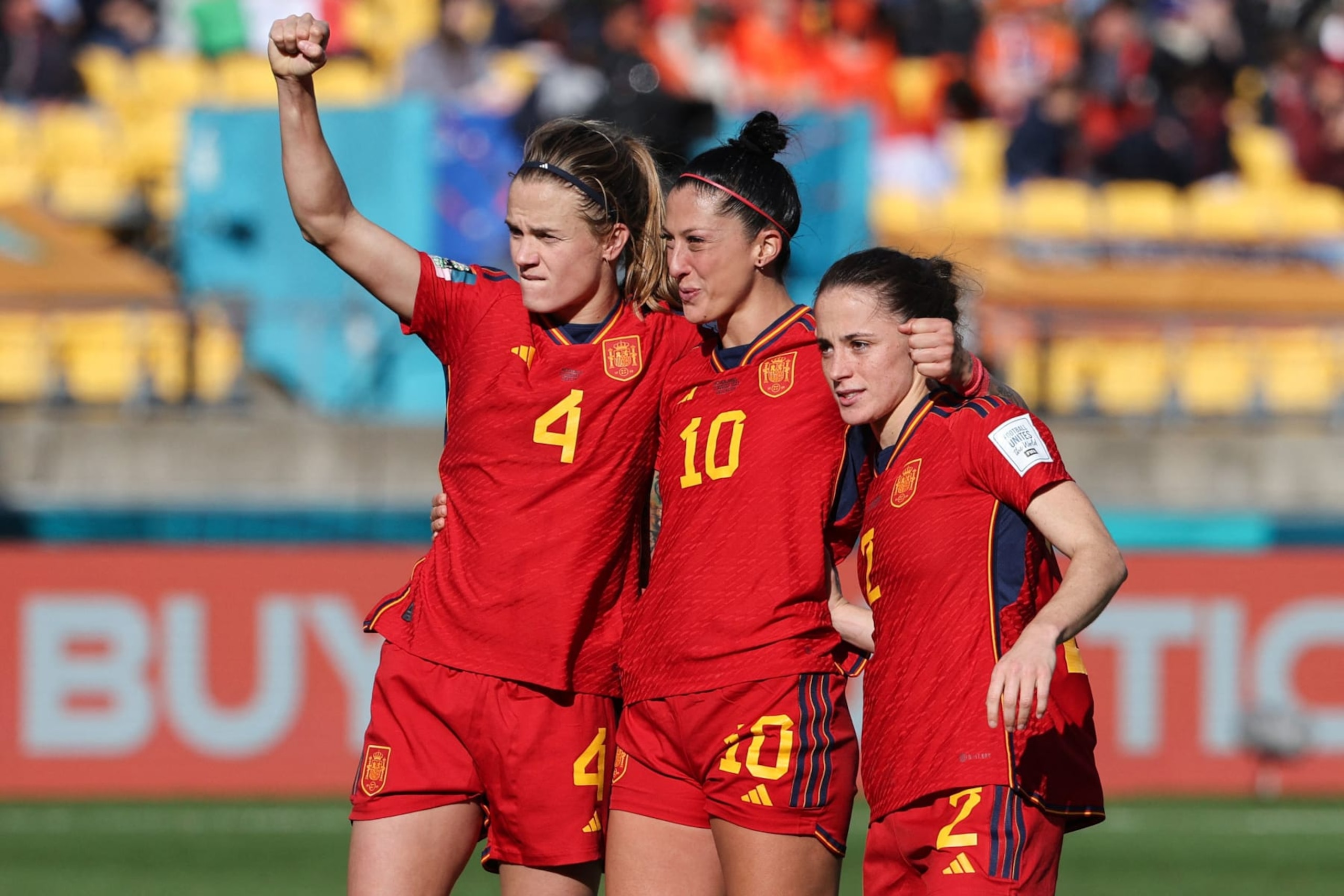 Spain's defender #04 Irene Paredes, Spain's midfielder #10 Jennifer Hermoso and Spain's defender #02 Ona Batlle celebrate their first goal during the Australia and New Zealand 2023 Women's World Cup quarter-final football match between Spain and the Netherlands at Wellington Stadium in Wellington on August 11, 2023. (Photo by Marty MELVILLE / AFP) (Photo by MARTY MELVILLE/AFP via Getty Images)