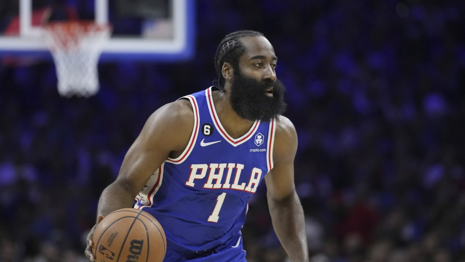 Philadelphia 76ers' James Harden plays during the first half of Game 4 in an NBA basketball Eastern Conference semifinals playoff series, Sunday, May 7, 2023, in Philadelphia. (AP Photo/Matt Slocum)