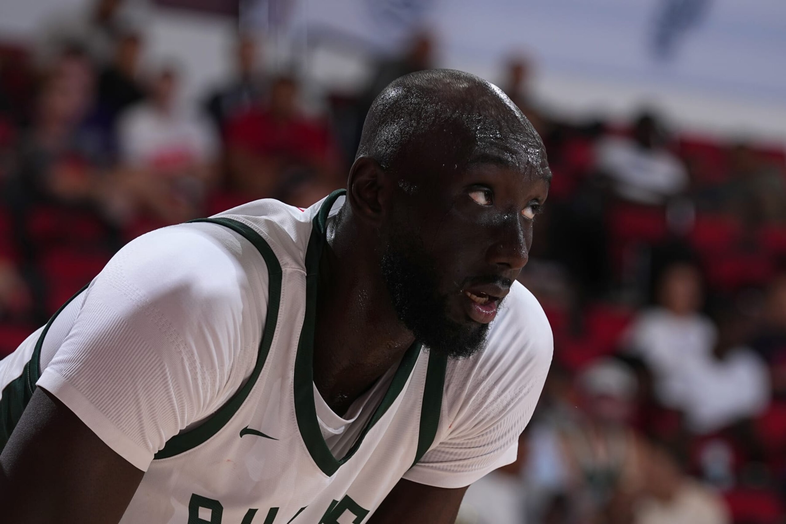 LAS VEGAS, NV - JULY 13: Tacko Fall #98 of Milwuakee Bucks looks on during the 2023 NBA Las Vegas Summer League on July 13, 2023 at the Cox Pavilion in Las Vegas, Nevada. NOTE TO USER: User expressly acknowledges and agrees that, by downloading and or using this photograph, User is consenting to the terms and conditions of the Getty Images License Agreement. Mandatory Copyright Notice: Copyright 2023 NBAE (Photo by Bart Young/NBAE via Getty Images)