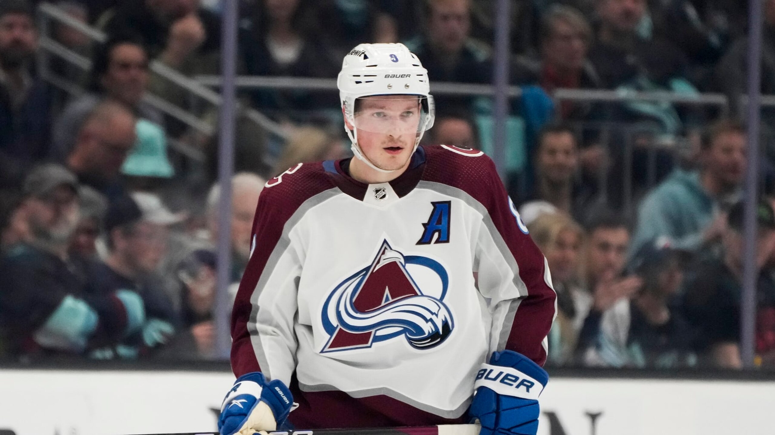 Colorado Avalanche defenseman Cale Makar (8) looks on against the Seattle Kraken during the second period of Game 6 of an NHL hockey Stanley Cup first-round playoff series Friday, April 28, 2023, in Seattle. (AP Photo/Lindsey Wasson)