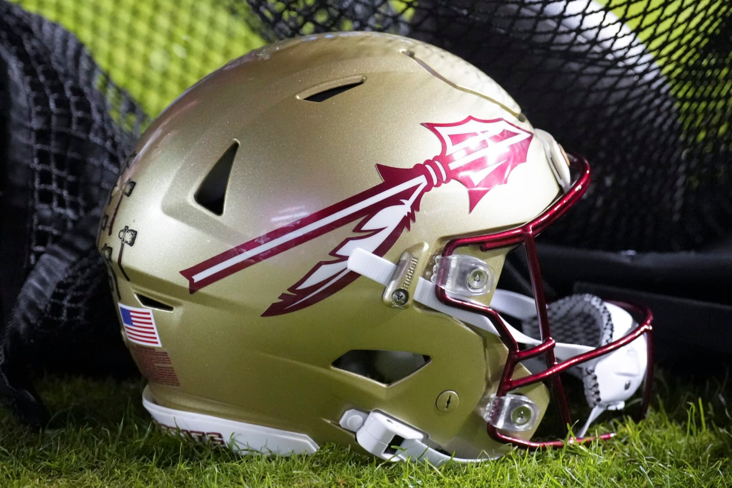 TALLAHASSEE, FL - NOVEMBER 25: A Florida State Seminoles helmet rests near the sidelines during the game between the Florida Gators and the Florida State Seminoles on Friday, November 25, 2022 at Bobby Bowden Field at Doak Campbell Stadium (Photo by Peter Joneleit/Icon Sportswire via Getty Images)