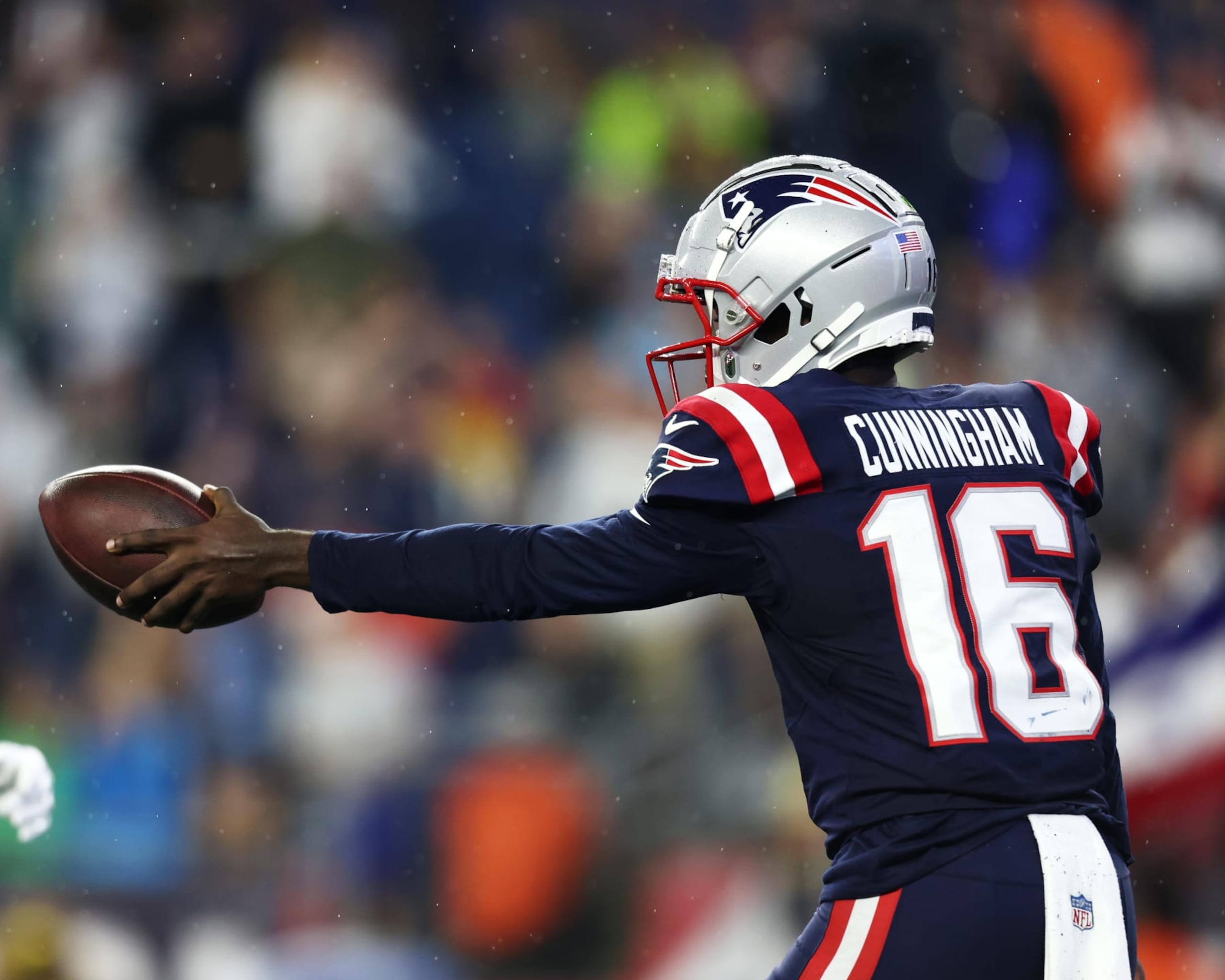 FOXBOROUGH, MASSACHUSETTS - AUGUST 10: Quarterback Malik Cunningham #16 of the New England Patriots reacts after scoring a touchdown during the fourth quarter during the preseason game against the Houston Texans at Gillette Stadium on August 10, 2023 in Foxborough, Massachusetts. (Photo by Omar Rawlings/Getty Images)