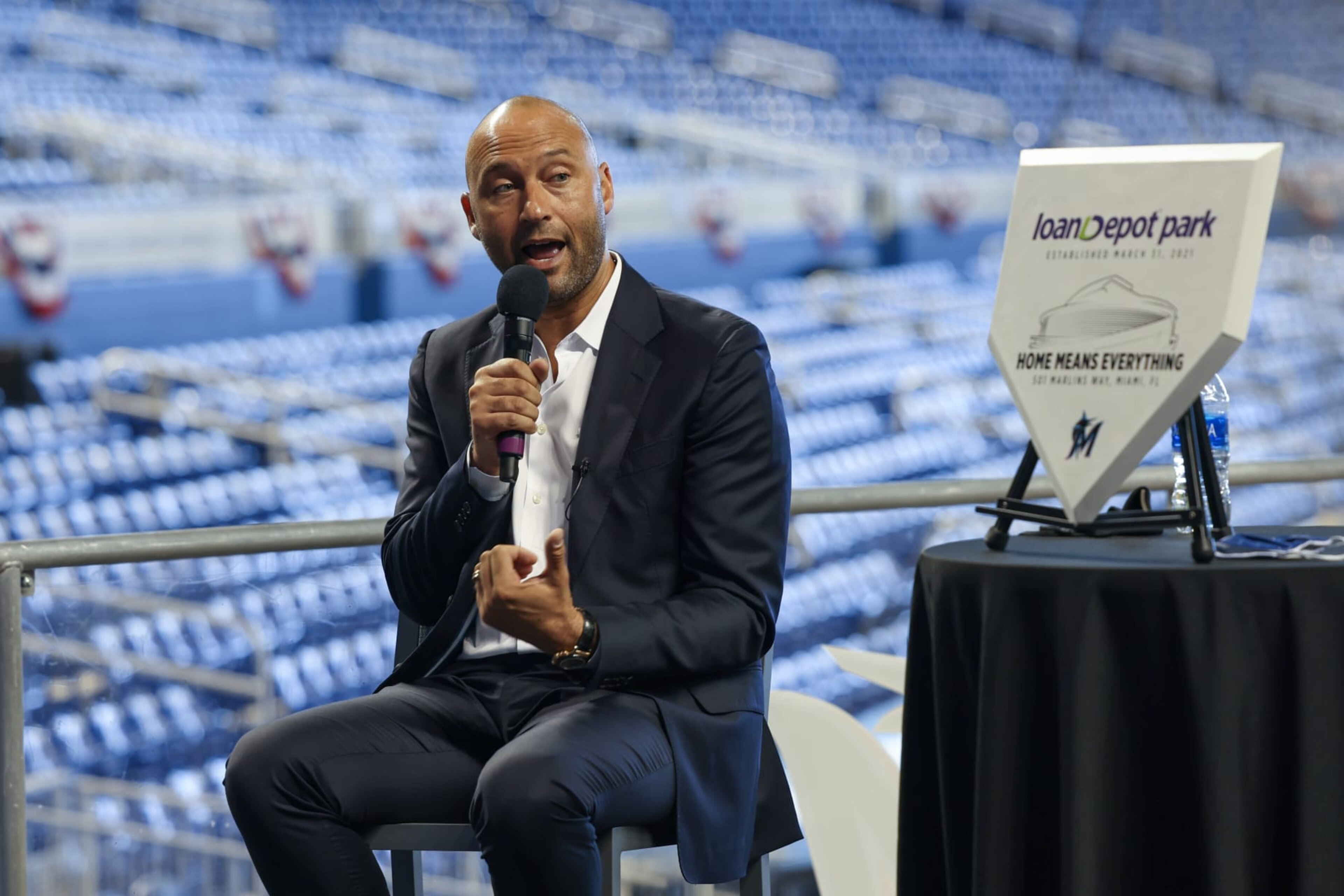 MIAMI, FLORIDA - MARCH 31: Derek Jeter CEO of the Miami Marlins  speaks to the media to announce loanDepot as the exclusive naming rights partner for loanDepot Park formerly known as Marlins Park home of the Miami Marlins on March 31, 2021 in Miami, Florida. (Photo by Mark Brown/Getty Images)