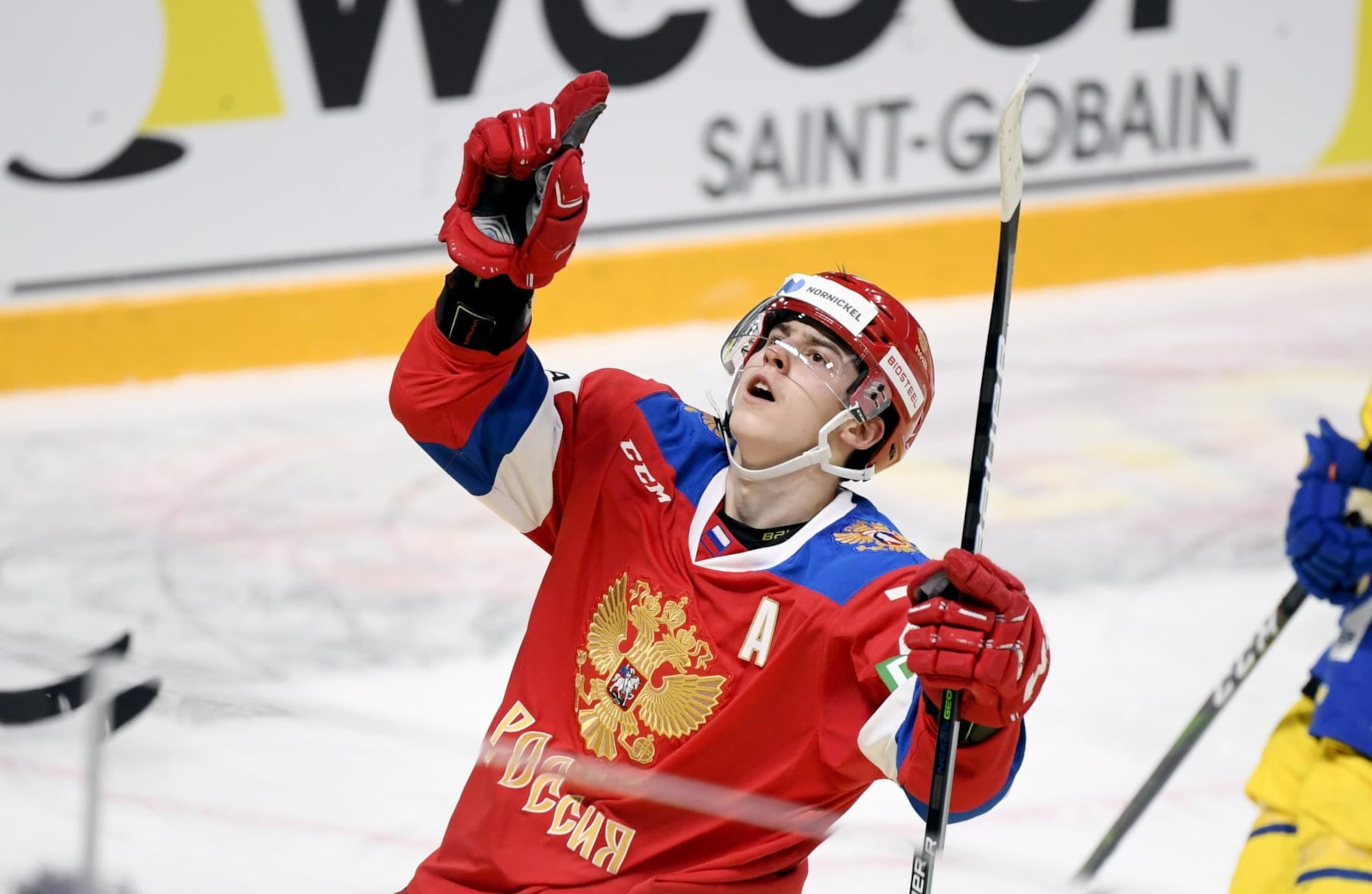 Russia's Rodion Amirov celebrates a goal during the Ice Hockey Karjala Tournament as part of the Euro Hockey Tour (EHT) season match between Sweden and Russia in Helsinki, Finland, on November 7, 2020. (Photo by Vesa Moilanen / Lehtikuva / AFP) / Finland OUT (Photo by VESA MOILANEN/Lehtikuva/AFP via Getty Images) Russia's Rodion Amirov celebrates a goal during the Ice Hockey Karjala Tournament as part of the Euro Hockey Tour (EHT) season match between Sweden and Russia in Helsinki, Finland, on November 7, 2020. (Photo by Vesa Moilanen / Lehtikuva / AFP) / Finland OUT (Photo by VESA MOILANEN/Lehtikuva/AFP via Getty Images)