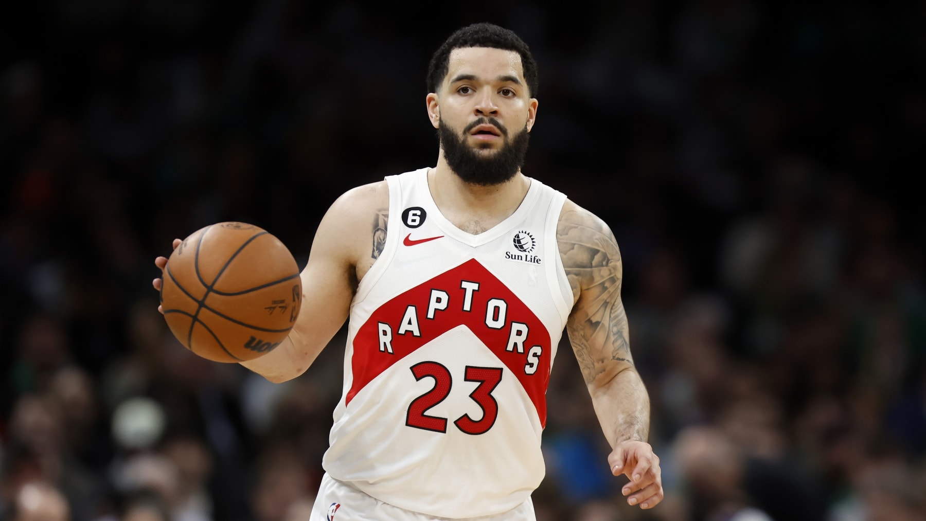 Toronto Raptors' Fred VanVleet plays against the Boston Celtics during the second half of an NBA basketball game, Friday, April 7, 2023, in Boston. (AP Photo/Michael Dwyer)
