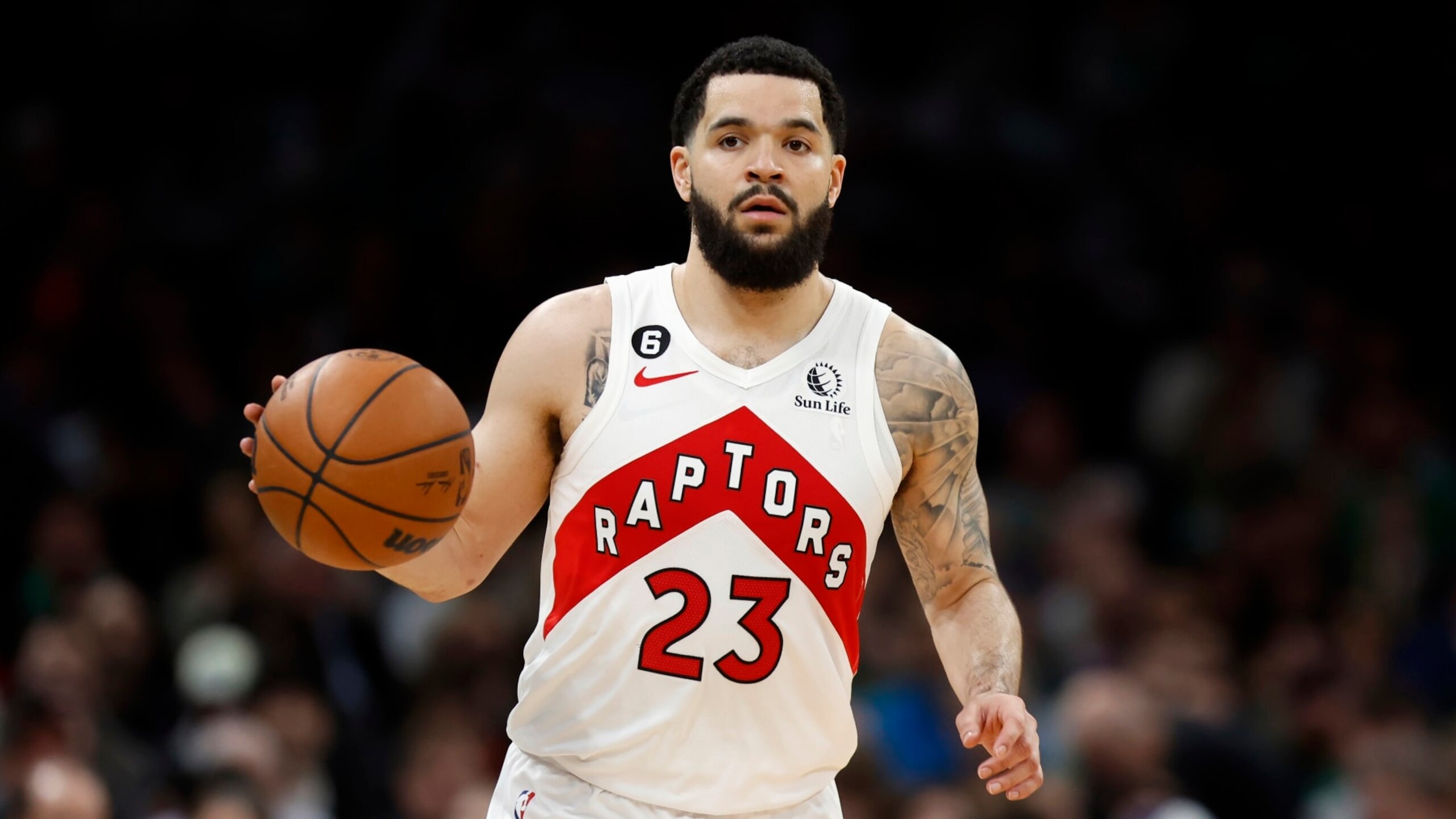 Toronto Raptors' Fred VanVleet plays against the Boston Celtics during the second half of an NBA basketball game, Friday, April 7, 2023, in Boston. (AP Photo/Michael Dwyer)