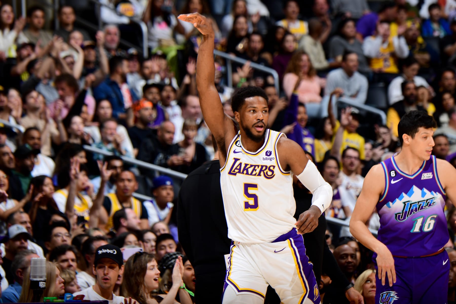 LOS ANGELES, CA - APRIL 9: Malik Beasley #5 of the Los Angeles Lakers looks on during the game against the Utah Jazz on April 9, 2023 at Crypto.Com Arena in Los Angeles, California. NOTE TO USER: User expressly acknowledges and agrees that, by downloading and/or using this Photograph, user is consenting to the terms and conditions of the Getty Images License Agreement. Mandatory Copyright Notice: Copyright 2023 NBAE (Photo by Adam Pantozzi/NBAE via Getty Images)