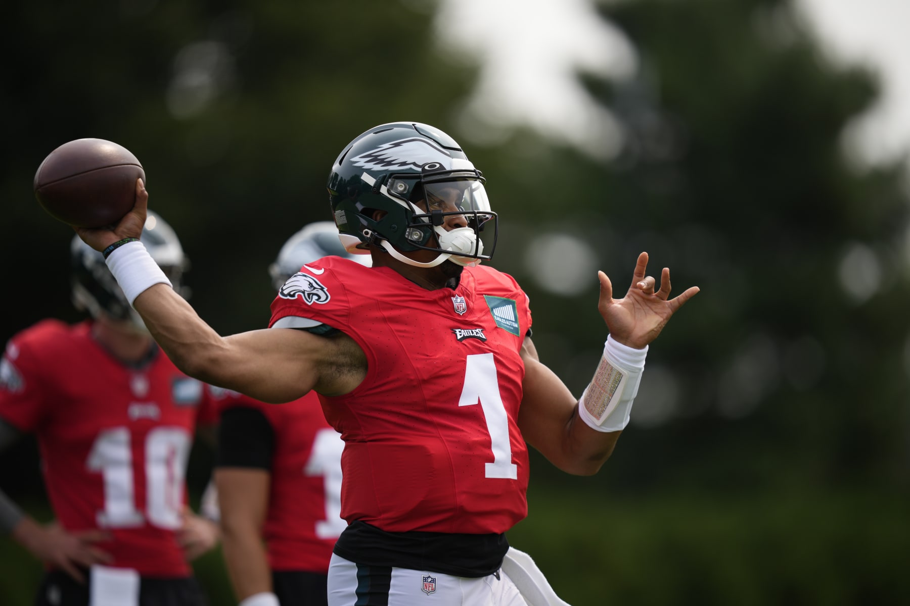 Philadelphia Eagles' Jalen Hurts drills during the NFL football team's training camp, Thursday, Aug. 3, 2023, in Philadelphia. (AP Photo/Matt Slocum)