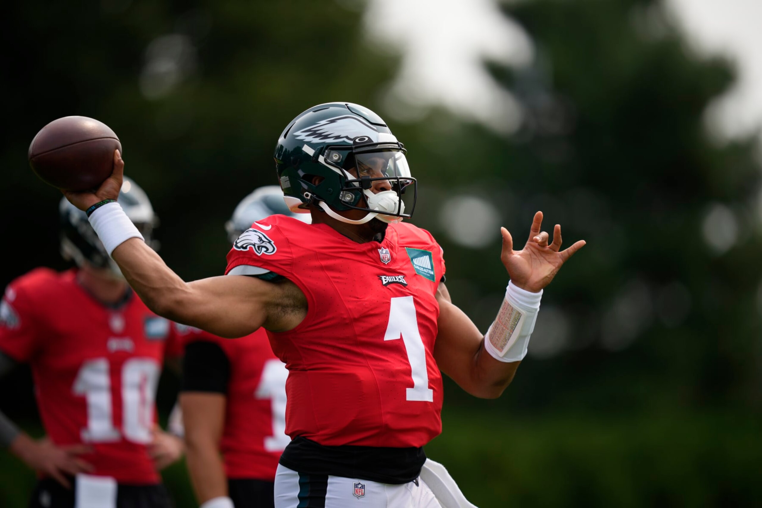 Philadelphia Eagles' Jalen Hurts drills during the NFL football team's training camp, Thursday, Aug. 3, 2023, in Philadelphia. (AP Photo/Matt Slocum)