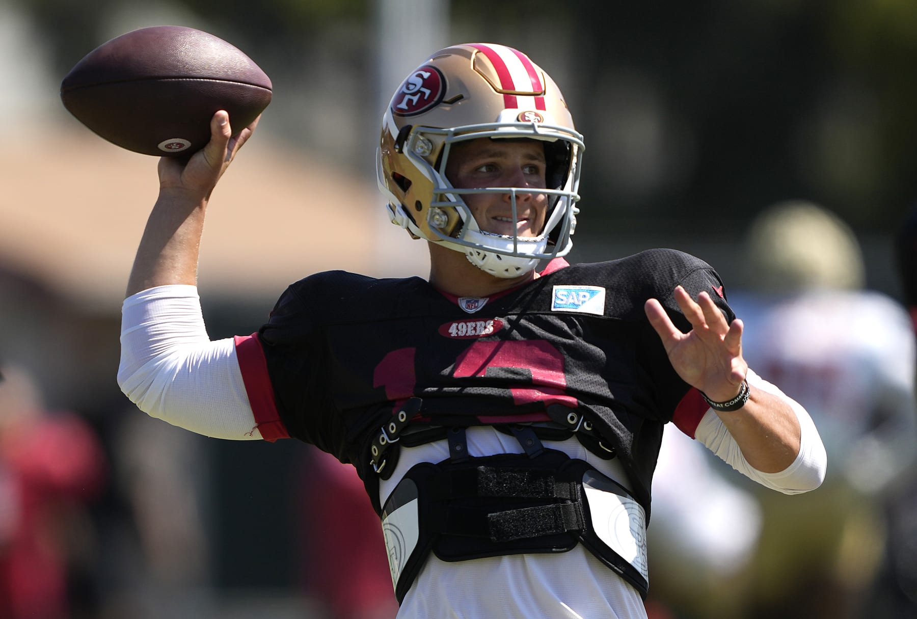 SANTA CLARA, CALIFORNIA - AUGUST 04: Brock Purdy #13 of the San Francisco 49ers works out during training camp at SAP Performance Facility on August 04, 2023 in Santa Clara, California. (Photo by Thearon W. Henderson/Getty Images)