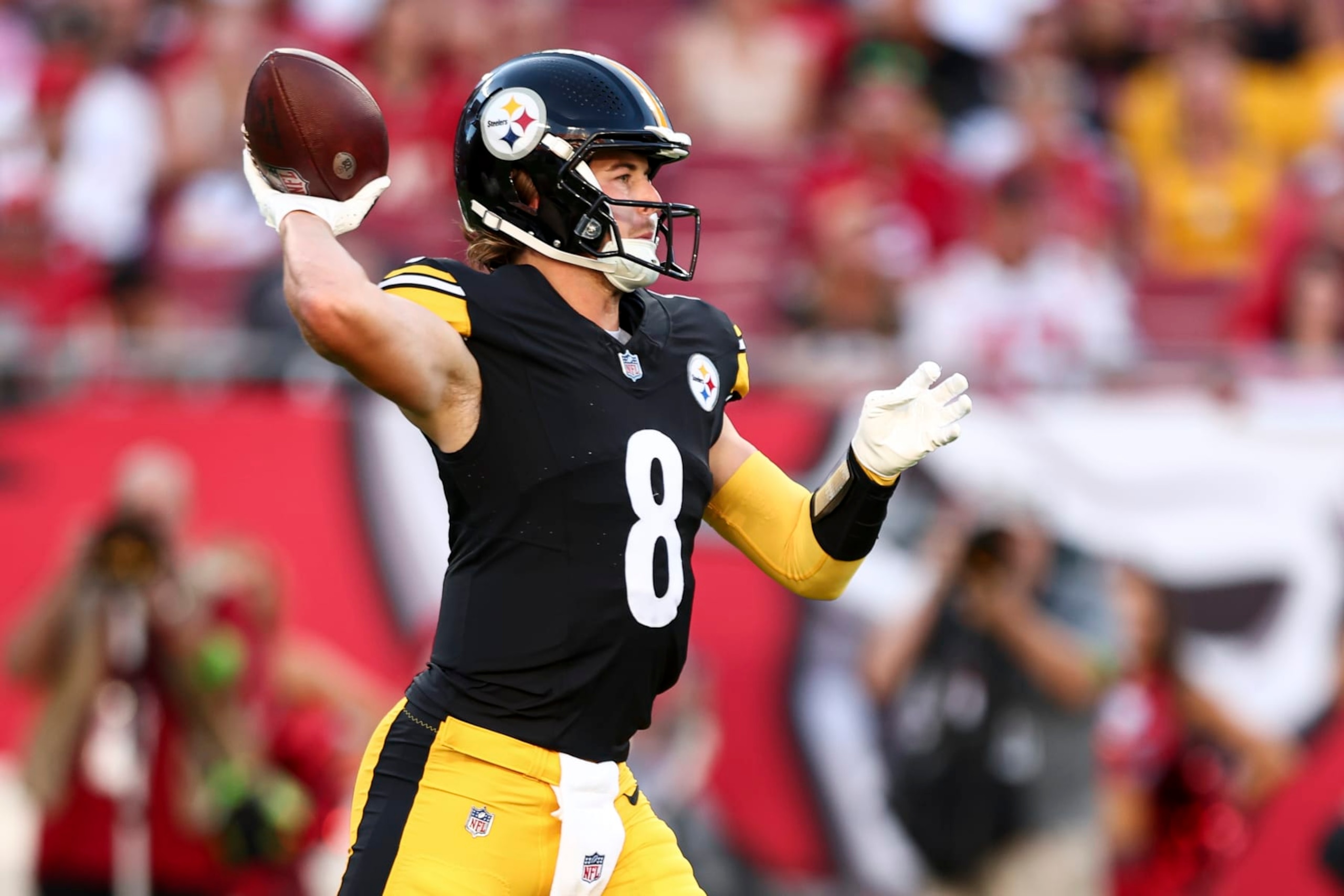 TAMPA, FL - AUGUST 11: Kenny Pickett #8 of the Pittsburgh Steelers throws a pass during an NFL preseason football game against the Tampa Bay Buccaneers at Raymond James Stadium on August 11, 2023 in Tampa, Florida. (Photo by Kevin Sabitus/Getty Images)