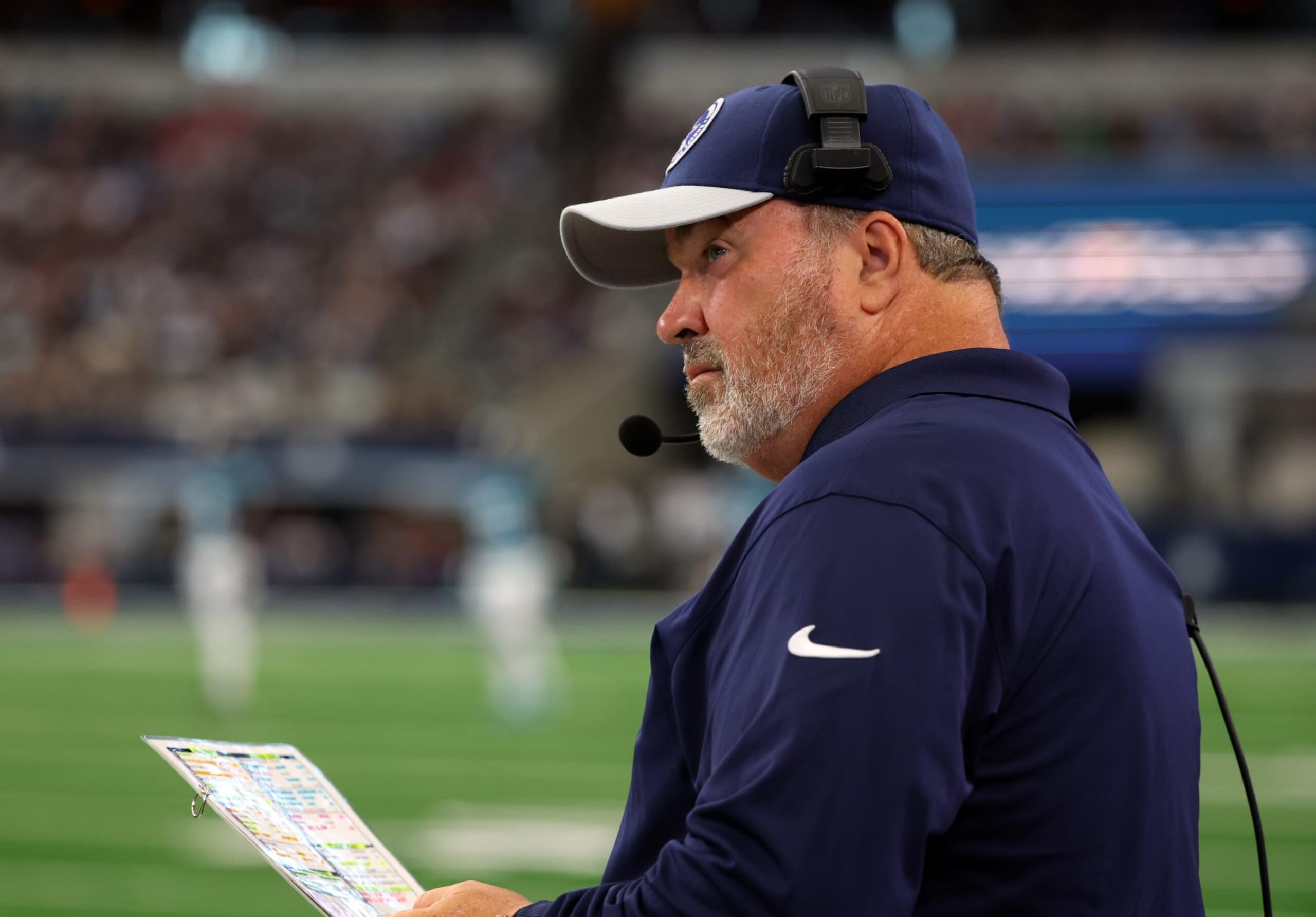 ARLINGTON, TEXAS - AUGUST 12: Mike McCarthy head coach of the Dallas Cowboys is seen on the sidelines in a preseason game against the Jacksonville Jaguars at AT&T Stadium on August 12, 2023 in Arlington, Texas. (Photo by Richard Rodriguez/Getty Images)