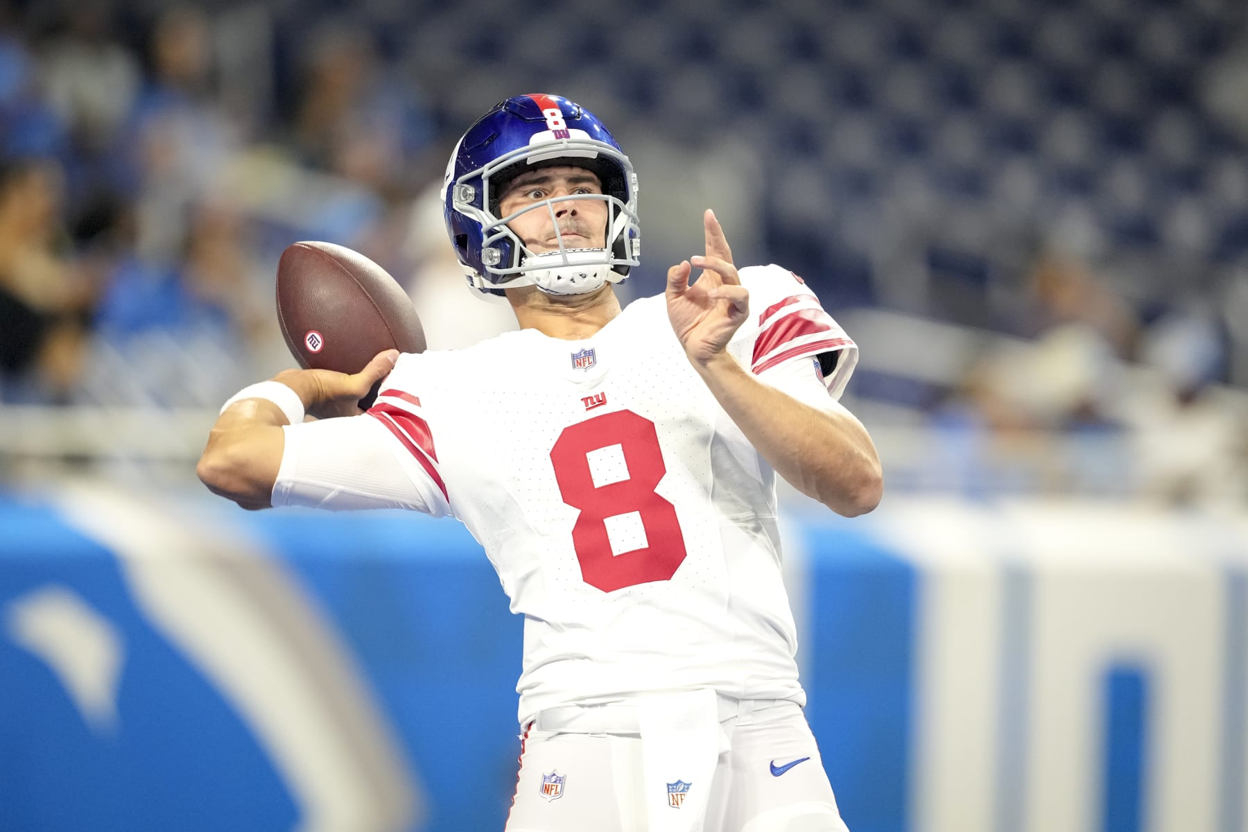 DETROIT, MICHIGAN - AUGUST 11: Daniel Jones #8 of the New York Giants throws a pass while warming up against the Detroit Lions before the preseason game at Ford Field on August 11, 2023 in Detroit, Michigan. (Photo by Nic Antaya/Getty Images)