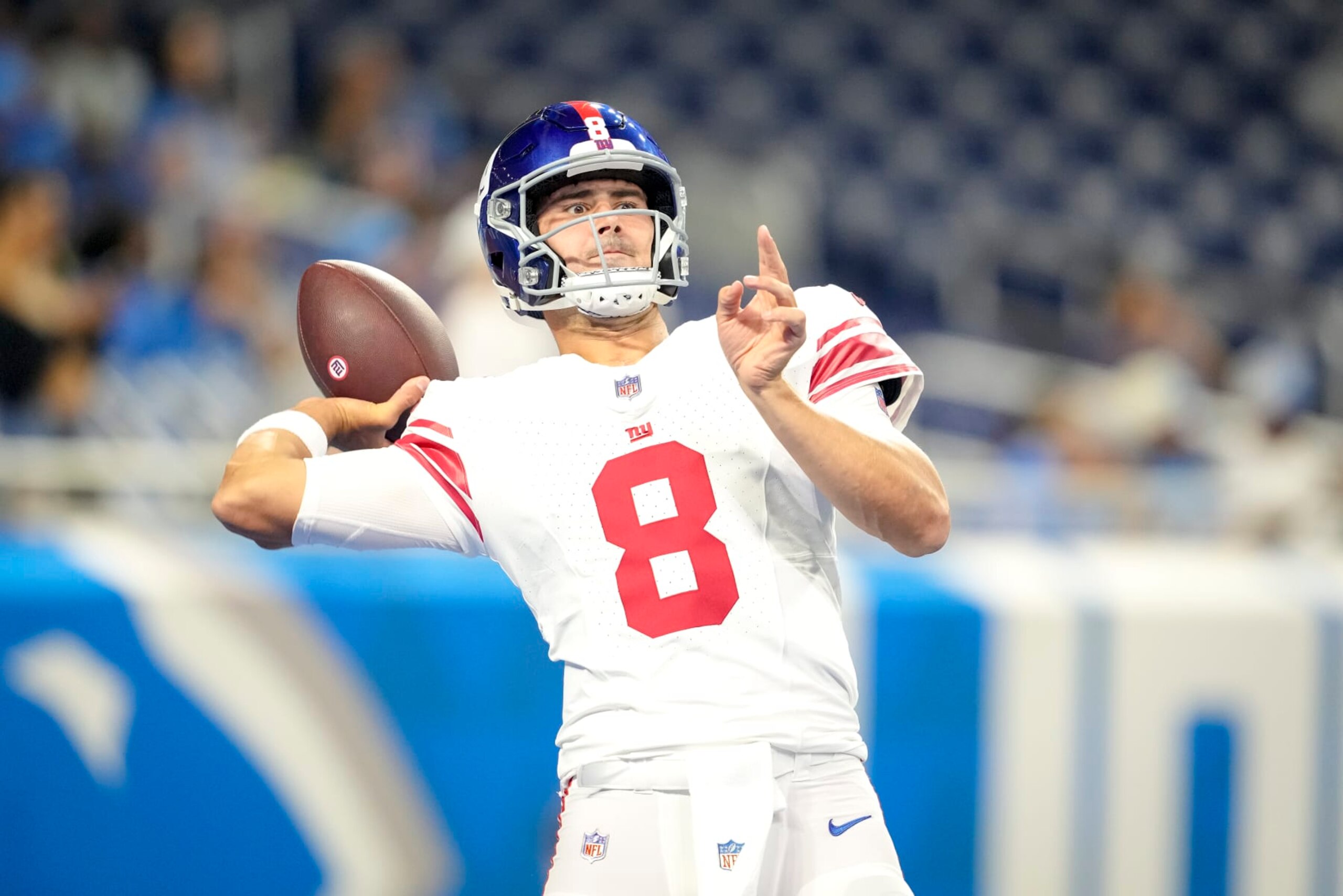 DETROIT, MICHIGAN - AUGUST 11: Daniel Jones #8 of the New York Giants throws a pass while warming up against the Detroit Lions before the preseason game at Ford Field on August 11, 2023 in Detroit, Michigan. (Photo by Nic Antaya/Getty Images)