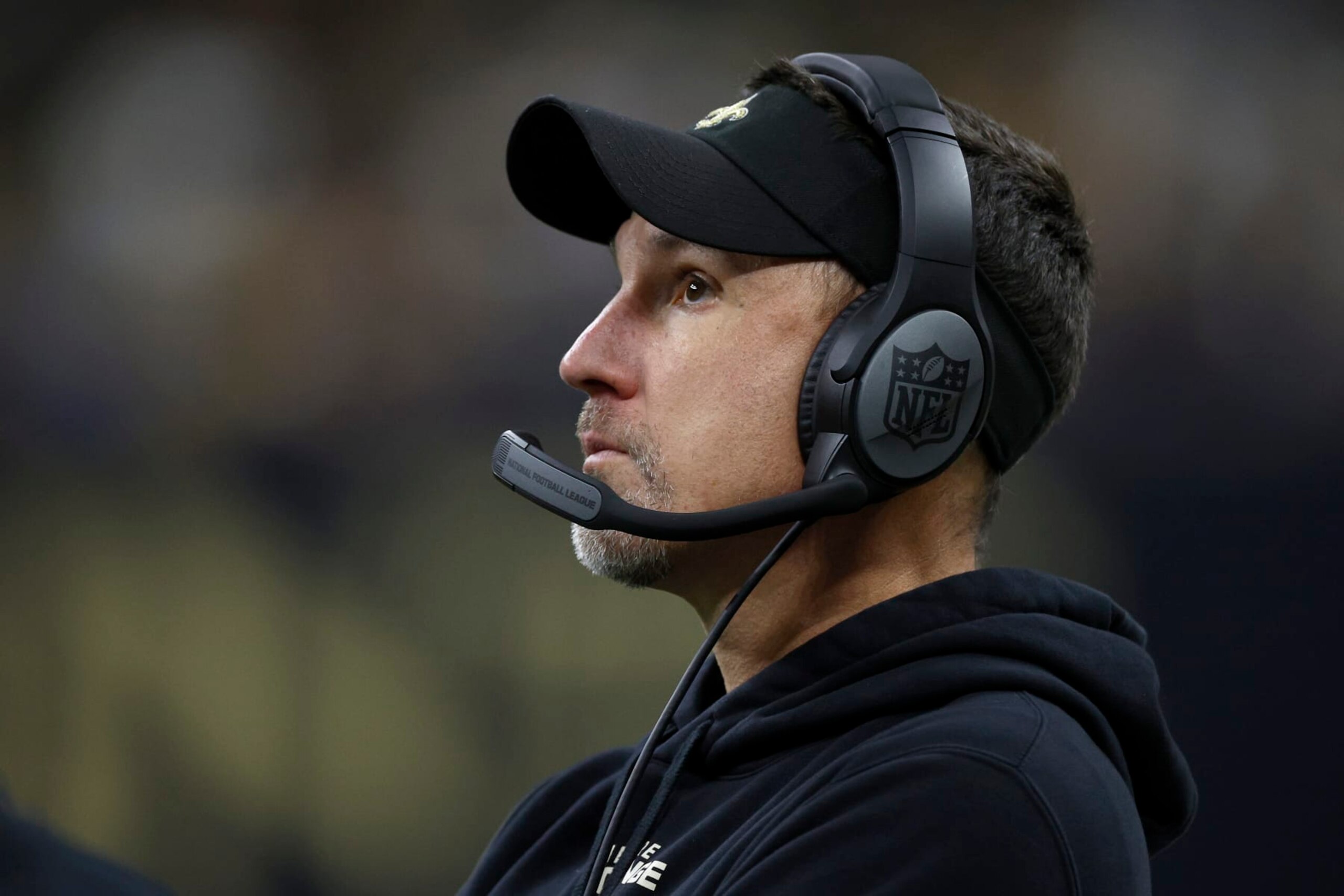 NEW ORLEANS, LOUISIANA - JANUARY 08: Head coach Dennis Allen of the New Orleans Saints looks on during the second half against the Atlanta Falcons at Caesars Superdome on January 08, 2023 in New Orleans, Louisiana. (Photo by Chris Graythen/Getty Images)