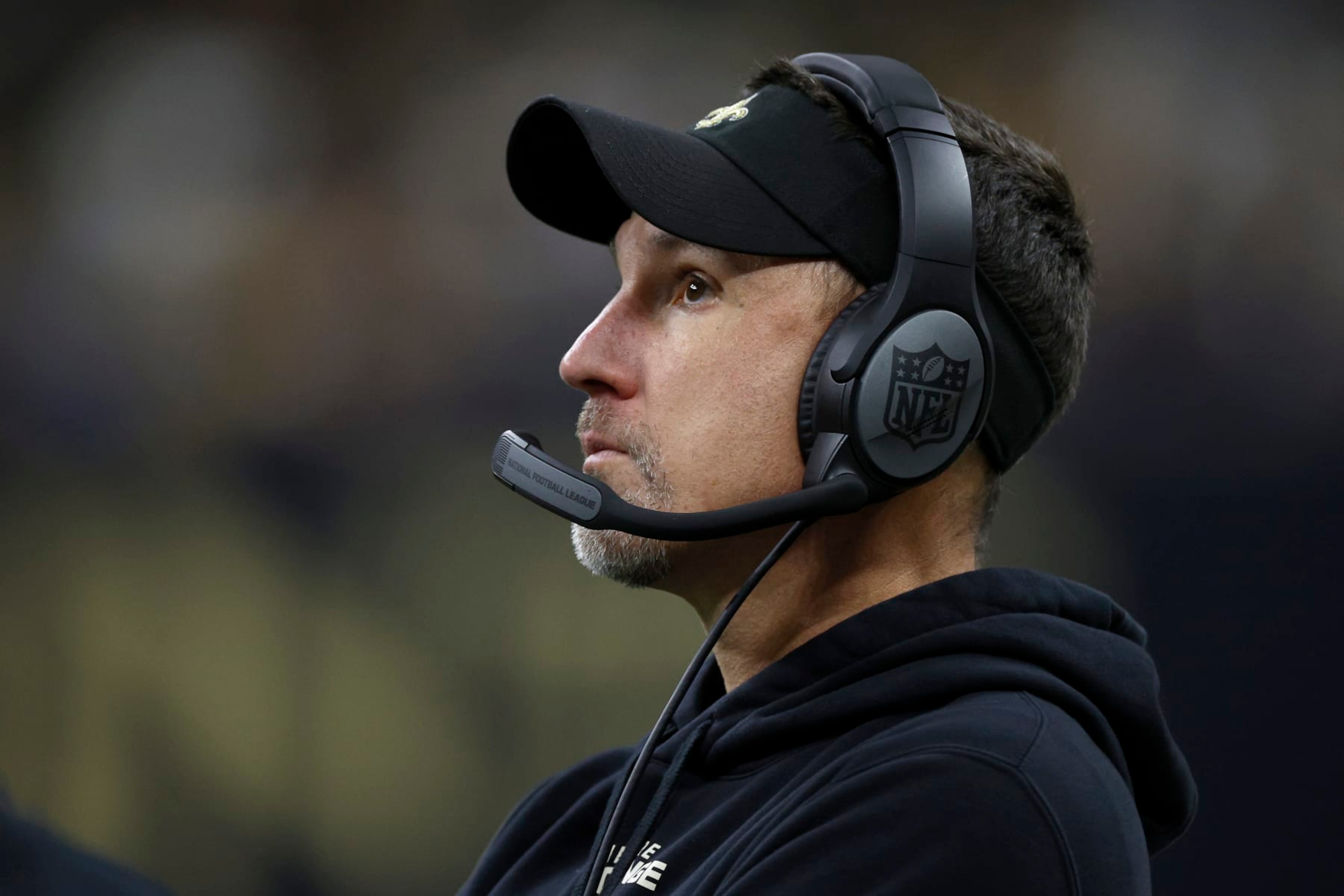 NEW ORLEANS, LOUISIANA - JANUARY 08: Head coach Dennis Allen of the New Orleans Saints looks on during the second half against the Atlanta Falcons at Caesars Superdome on January 08, 2023 in New Orleans, Louisiana. (Photo by Chris Graythen/Getty Images)