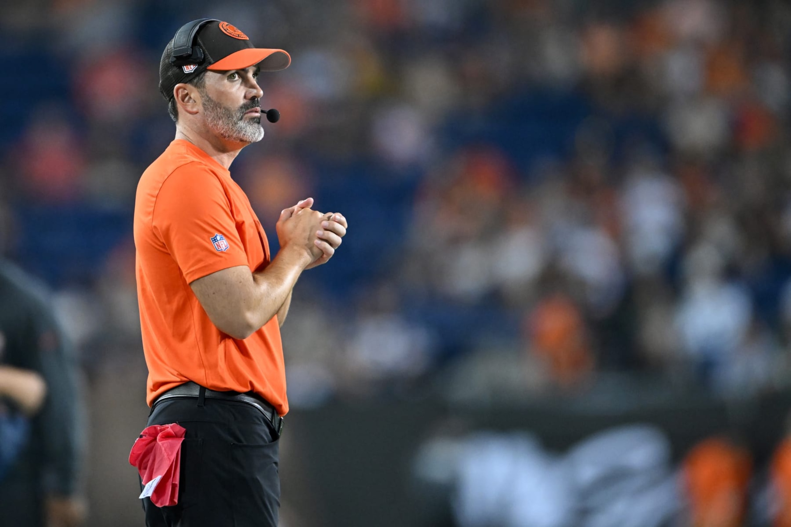 CANTON, OHIO - AUGUST 03: Head coach Kevin Stefanski of the Cleveland Browns looks on during the second half of the 2023 Pro Hall of Fame Game against the New York Jets at Tom Benson Hall Of Fame Stadium on August 03, 2023 in Canton, Ohio. (Photo by Nick Cammett/Diamond Images via Getty Images)