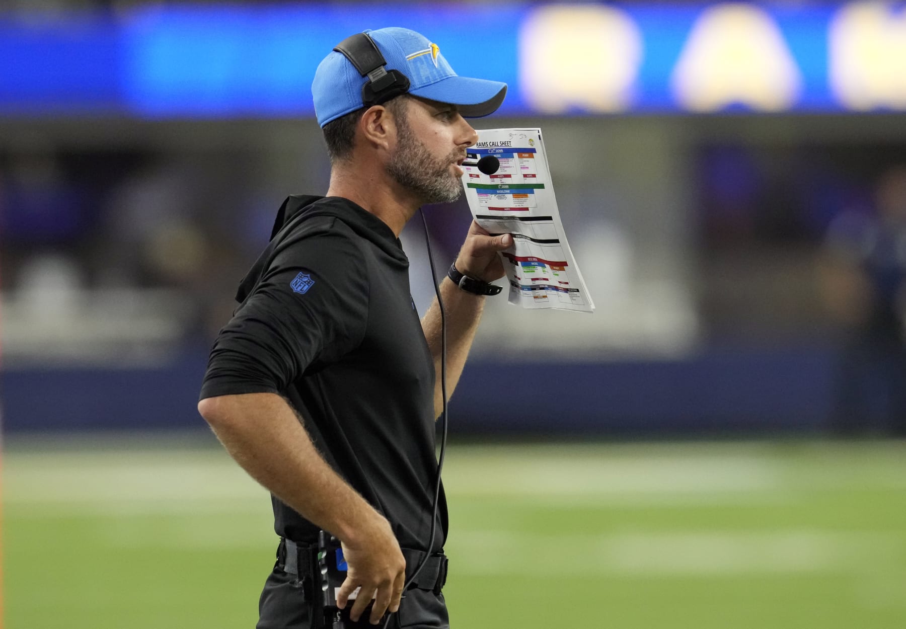 INGLEWOOD, CALIFORNIA - AUGUST 12: Head coach Brandon Staley of the Los Angeles Chargers looks on from the sideline during the second half of a pre-season NFL game against the Los Angeles Rams at SoFi Stadium on August 12, 2023 in Inglewood, California. (Photo by Kevork Djansezian/Getty Images)
