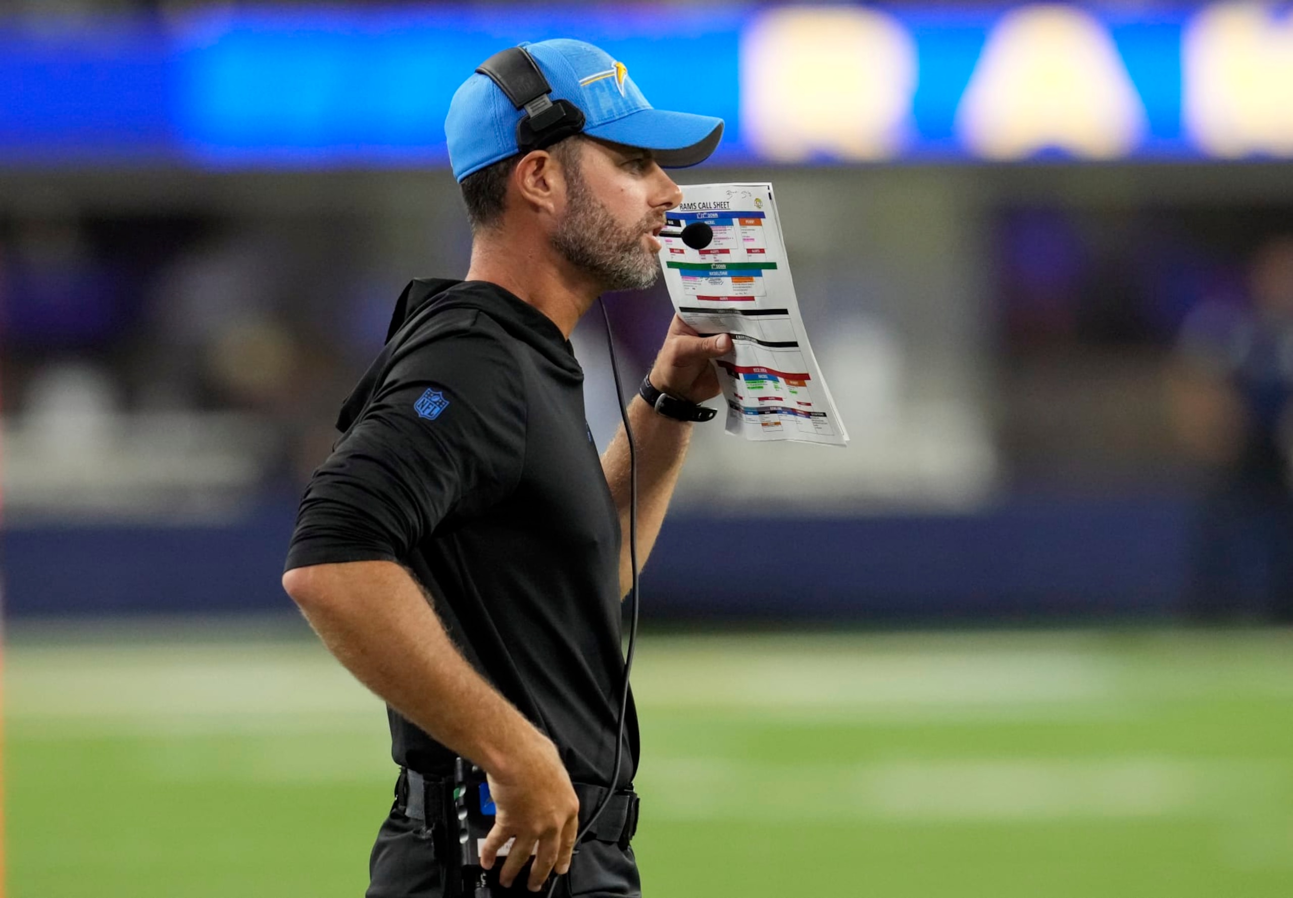 INGLEWOOD, CALIFORNIA - AUGUST 12: Head coach Brandon Staley of the Los Angeles Chargers looks on from the sideline during the second half of a pre-season NFL game against the Los Angeles Rams at SoFi Stadium on August 12, 2023 in Inglewood, California. (Photo by Kevork Djansezian/Getty Images)