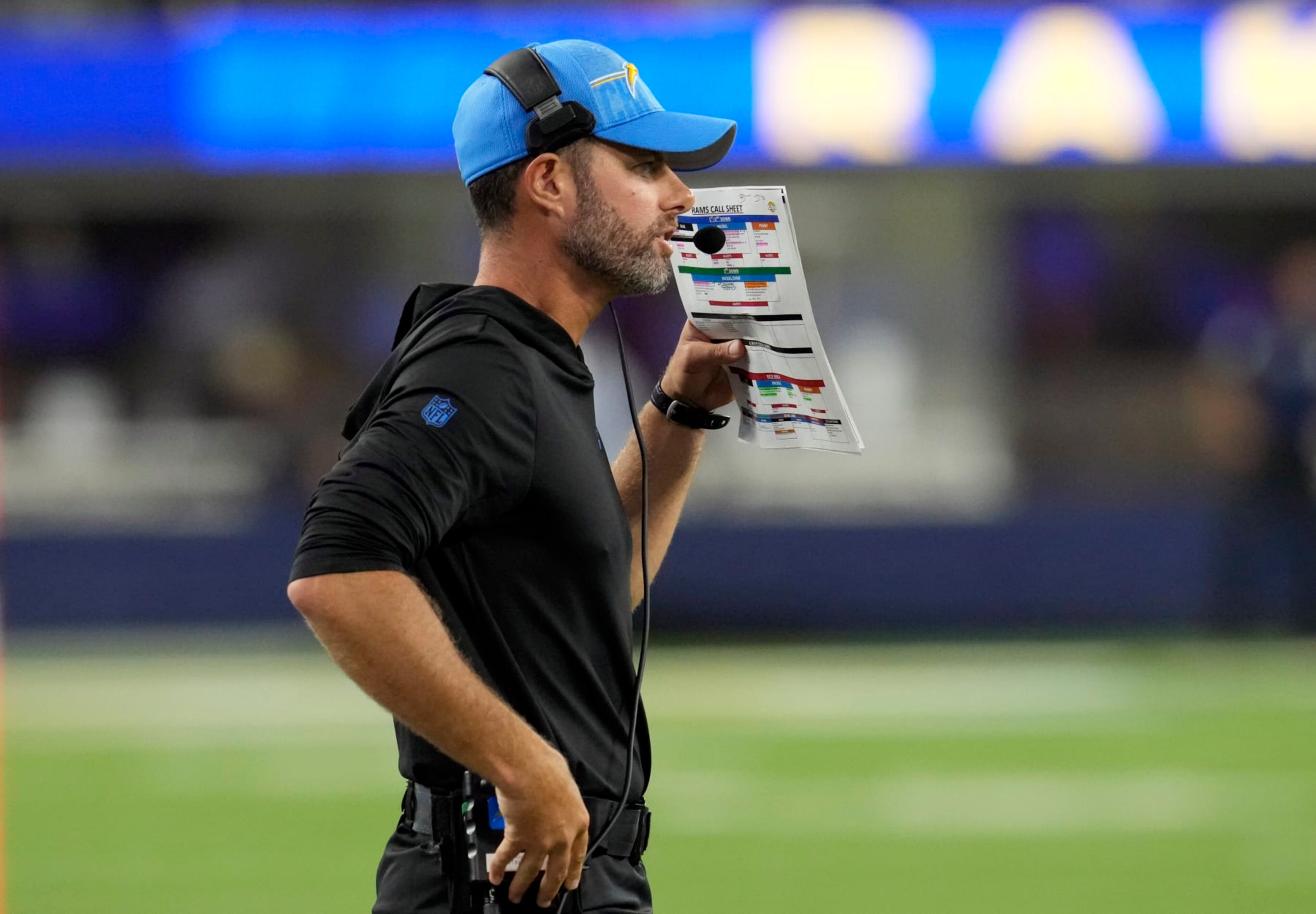 INGLEWOOD, CALIFORNIA - AUGUST 12: Head coach Brandon Staley of the Los Angeles Chargers looks on from the sideline during the second half of a pre-season NFL game against the Los Angeles Rams at SoFi Stadium on August 12, 2023 in Inglewood, California. (Photo by Kevork Djansezian/Getty Images)