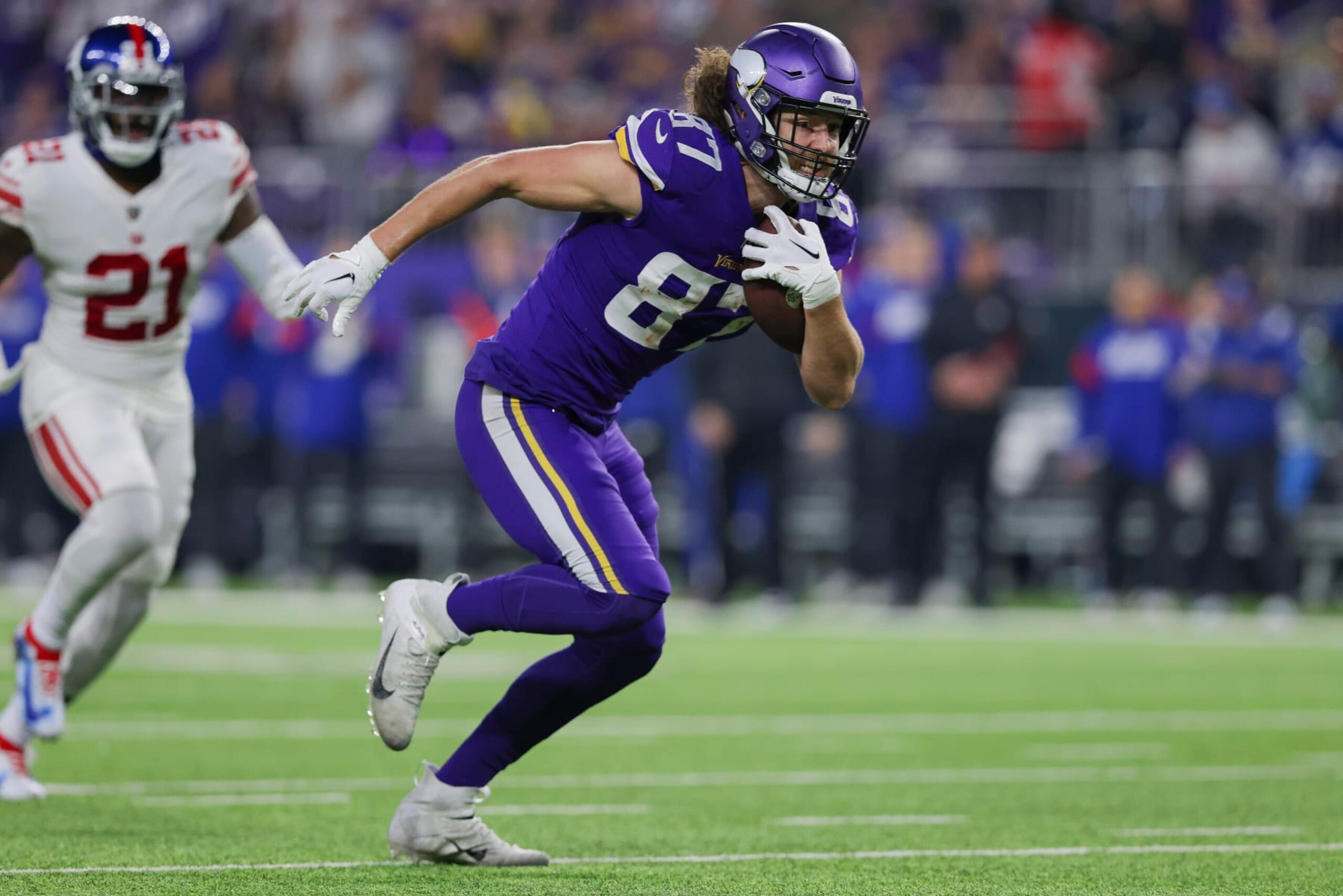 Minnesota Vikings tight end T.J. Hockenson (87) in action during the first half of an NFL wild-card football game against the New York Giants, Sunday, Jan. 15, 2023 in Minneapolis. (AP Photo/Stacy Bengs)
