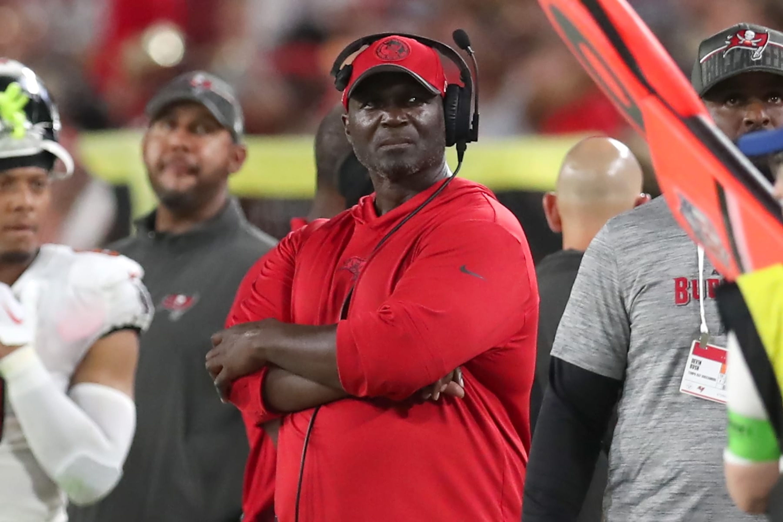 TAMPA, FL - AUGUST 11: Tampa Bay Buccaneers Head Coach Todd Bowles watches the action on the field during the preseason game between the Pittsburgh Steelers and the Tampa Bay Buccaneers on August 11, 2023 at Raymond James Stadium in Tampa, Florida. (Photo by Cliff Welch/Icon Sportswire via Getty Images)