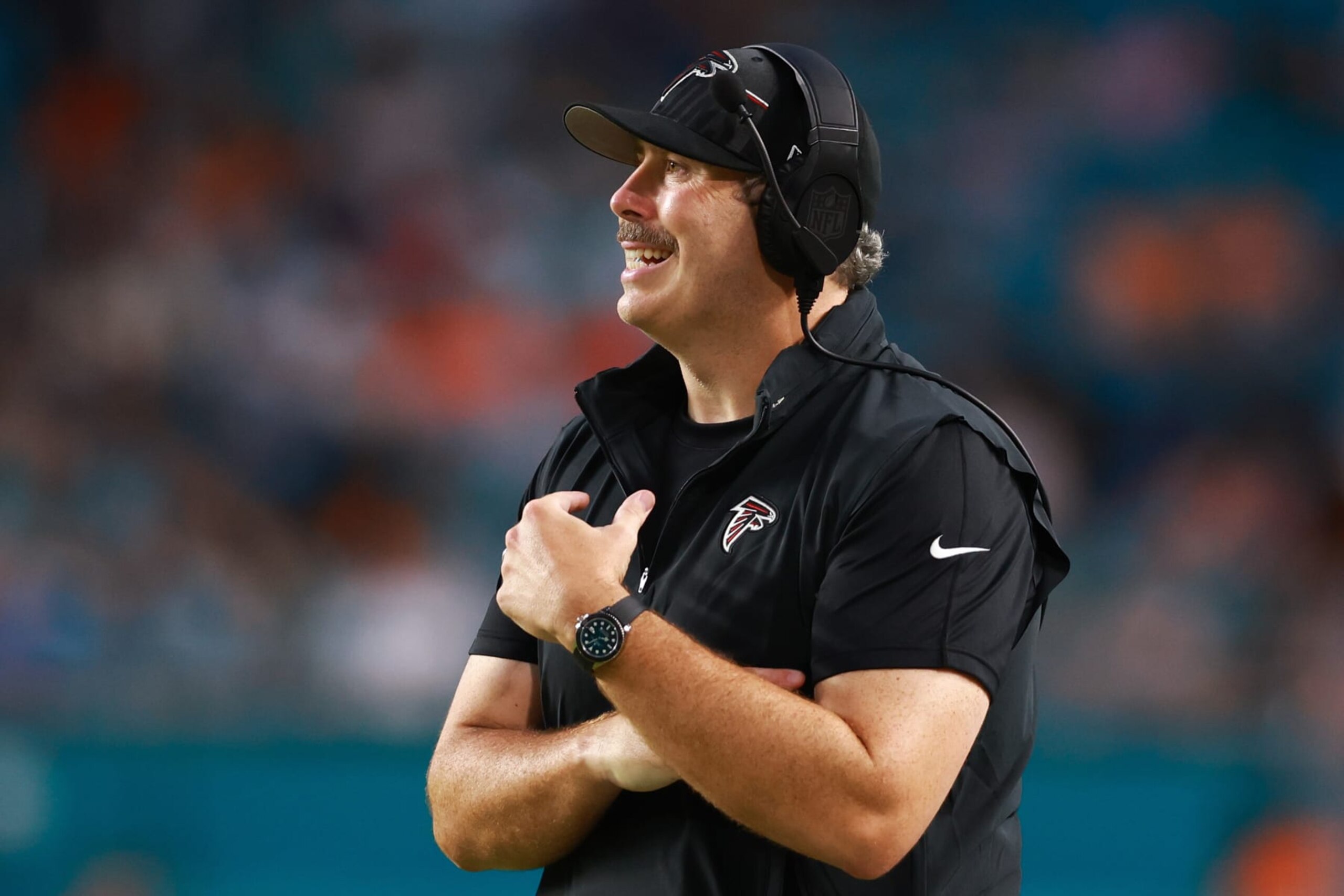 MIAMI GARDENS, FLORIDA - AUGUST 11: Head coach Arthur Smith of the Atlanta Falcons looks on against the Miami Dolphins during the second quarter in a preseason game at Hard Rock Stadium on August 11, 2023 in Miami Gardens, Florida. (Photo by Megan Briggs/Getty Images)