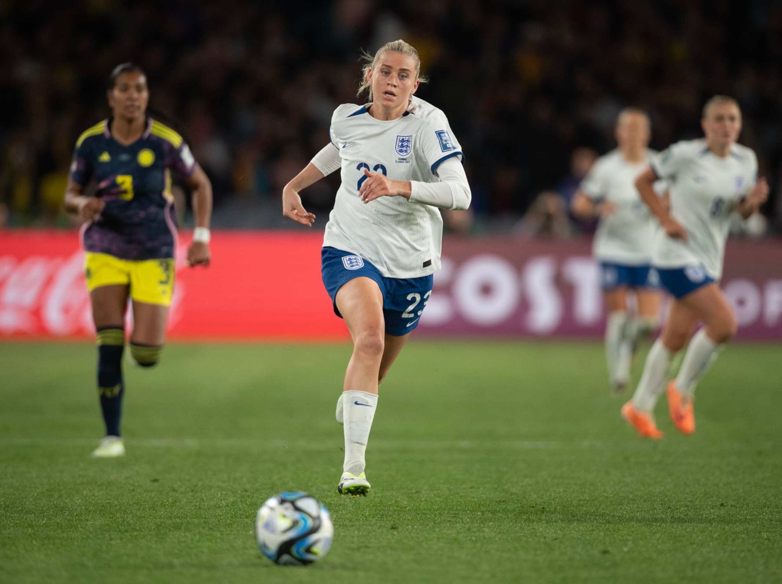 SYDNEY, AUSTRALIA - AUGUST 12: Alessia Russo of England in action during the FIFA Women's World Cup Australia & New Zealand 2023 Quarter Final match between England and Colombia at Stadium Australia on August 12, 2023 in Sydney, Australia. (Photo by Joe Prior/Visionhaus via Getty Images)