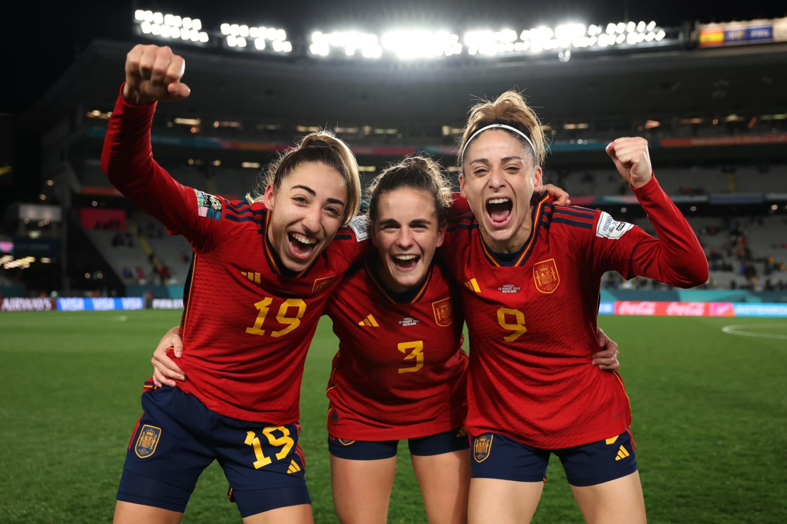 AUCKLAND, NEW ZEALAND - AUGUST 15: (L-R) Olga Carmona, Teresa Abelleira and Esther Gonzalez of Spain celebrate the team’s 2-1 victory and advance to the final following the FIFA Women's World Cup Australia & New Zealand 2023 Semi Final match between Spain and Sweden at Eden Park on August 15, 2023 in Auckland / TÄmaki Makaurau, New Zealand. (Photo by Maja Hitij - FIFA/FIFA via Getty Images)