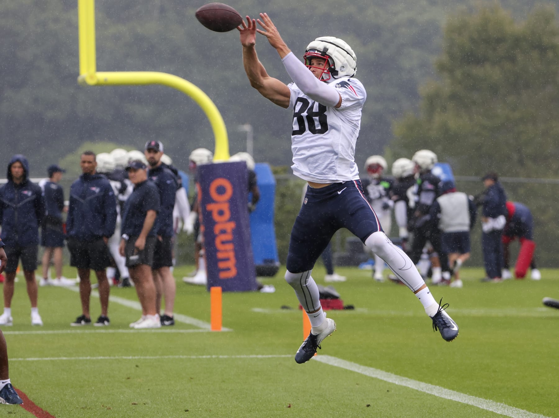 Foxborough, MA - August 7: New England Patriots TE Mike Gesicki keeps his eyes trained on the ball as he makes a catch. (Photo by Matthew J. Lee/The Boston Globe via Getty Images)