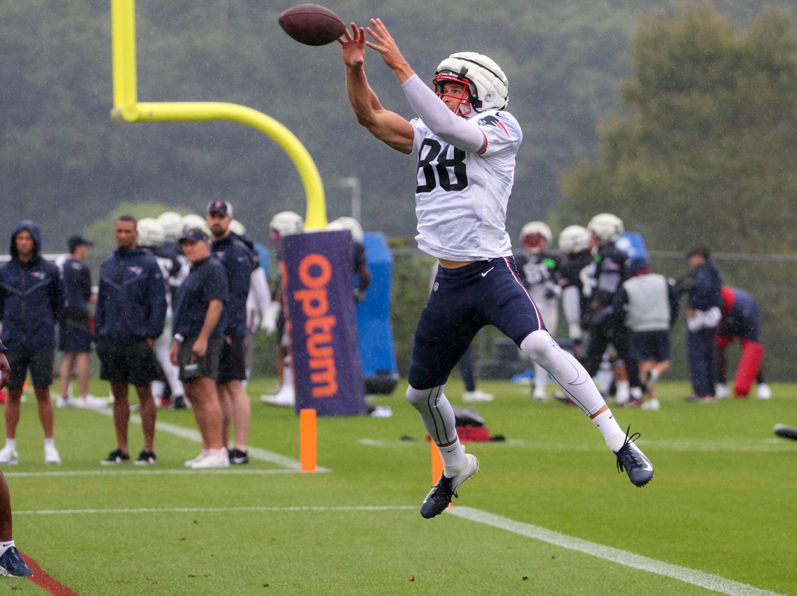 Foxborough, MA - August 7: New England Patriots TE Mike Gesicki keeps his eyes trained on the ball as he makes a catch. (Photo by Matthew J. Lee/The Boston Globe via Getty Images)