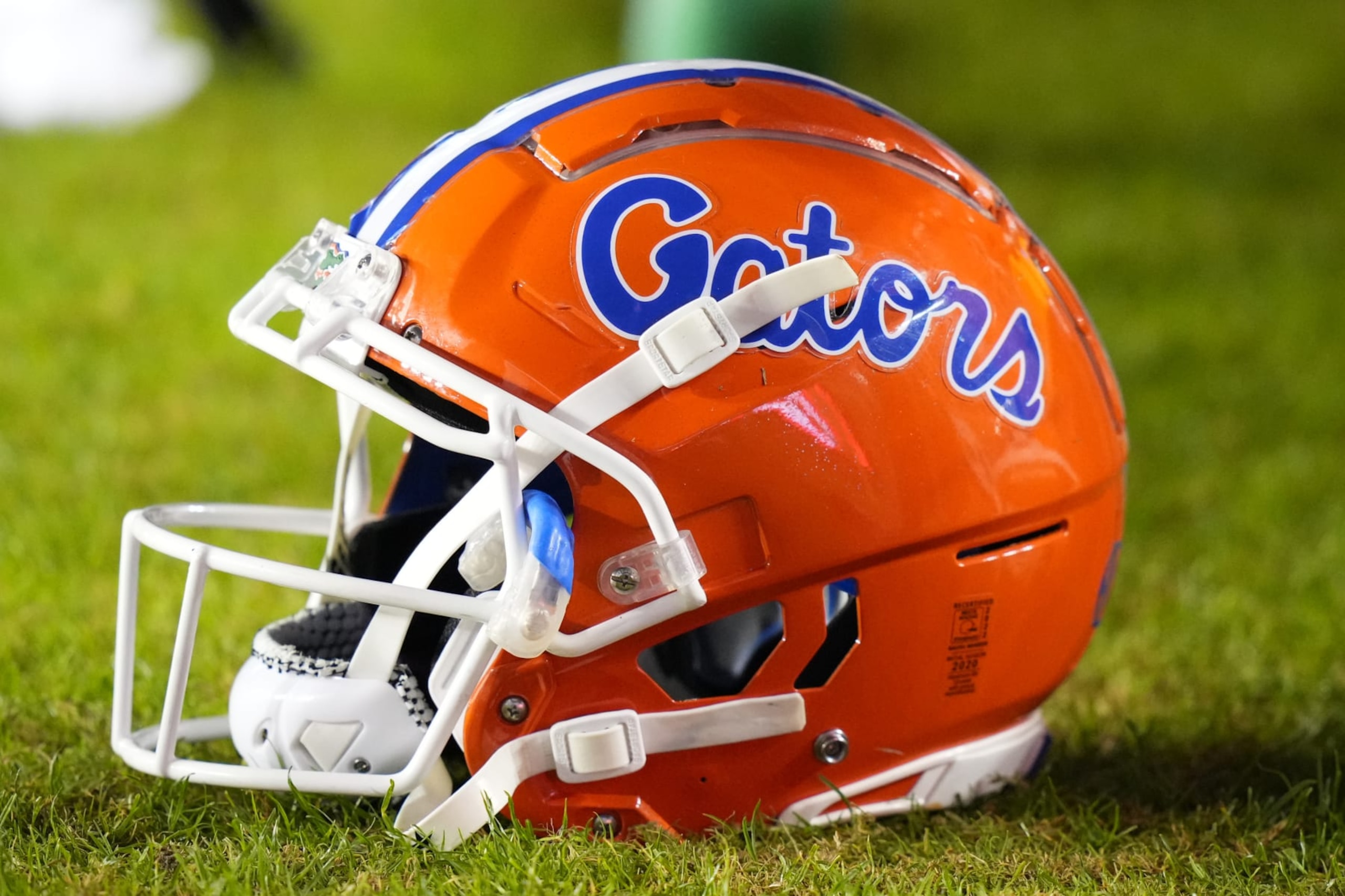 TALLAHASSEE, FL - NOVEMBER 25: A Florida Gators helmet rests near the sidelines during the game between the Florida Gators and the Florida State Seminoles on Friday, November 25, 2022 at Bobby Bowden Field at Doak Campbell Stadium (Photo by Peter Joneleit/Icon Sportswire via Getty Images)