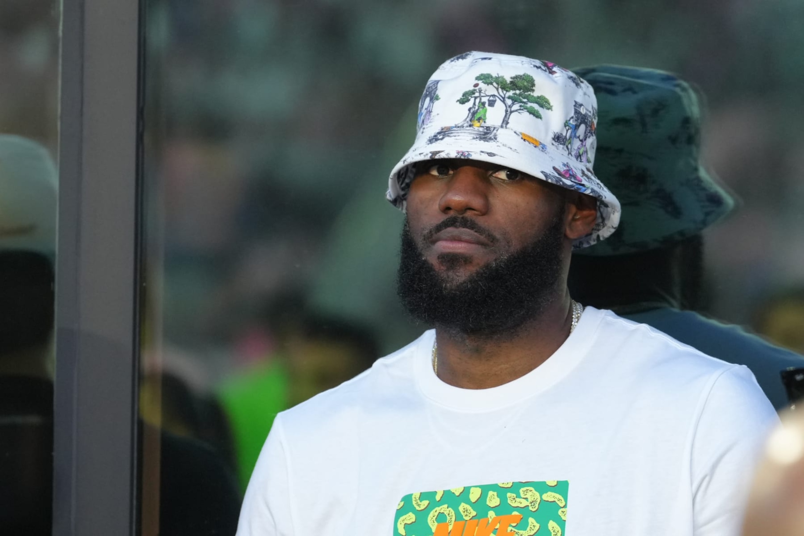 FORT LAUDERDALE, FL - JULY 21: NBA player LeBron James looks on from a suite before the Leagues Cup game between Cruz Azul and Inter Miami CF on Friday, July 21, 2023 at DRV PNK Stadium, Fort Lauderdale, Fla. (Photo by Peter Joneleit/Icon Sportswire via Getty Images)