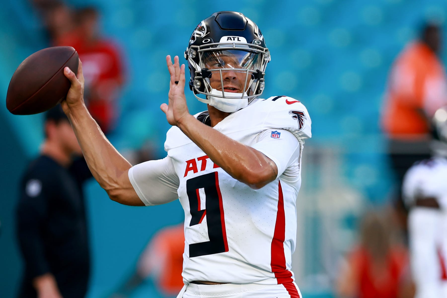 MIAMI GARDENS, FLORIDA - AUGUST 11: Desmond Ridder #9 of the Atlanta Falcons warms up prior to playing the Miami Dolphins in a preseason game at Hard Rock Stadium on August 11, 2023 in Miami Gardens, Florida. (Photo by Megan Briggs/Getty Images)