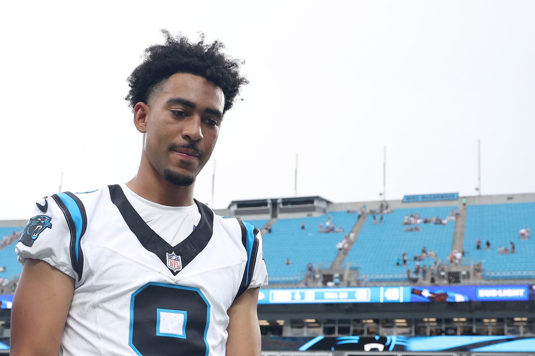 CHARLOTTE, NORTH CAROLINA - AUGUST 12: Bryce Young #9 of the Carolina Panthers walks off the field following a 27-0 loss to the New York Jets at Bank of America Stadium on August 12, 2023 in Charlotte, North Carolina. (Photo by Jared C. Tilton/Getty Images)