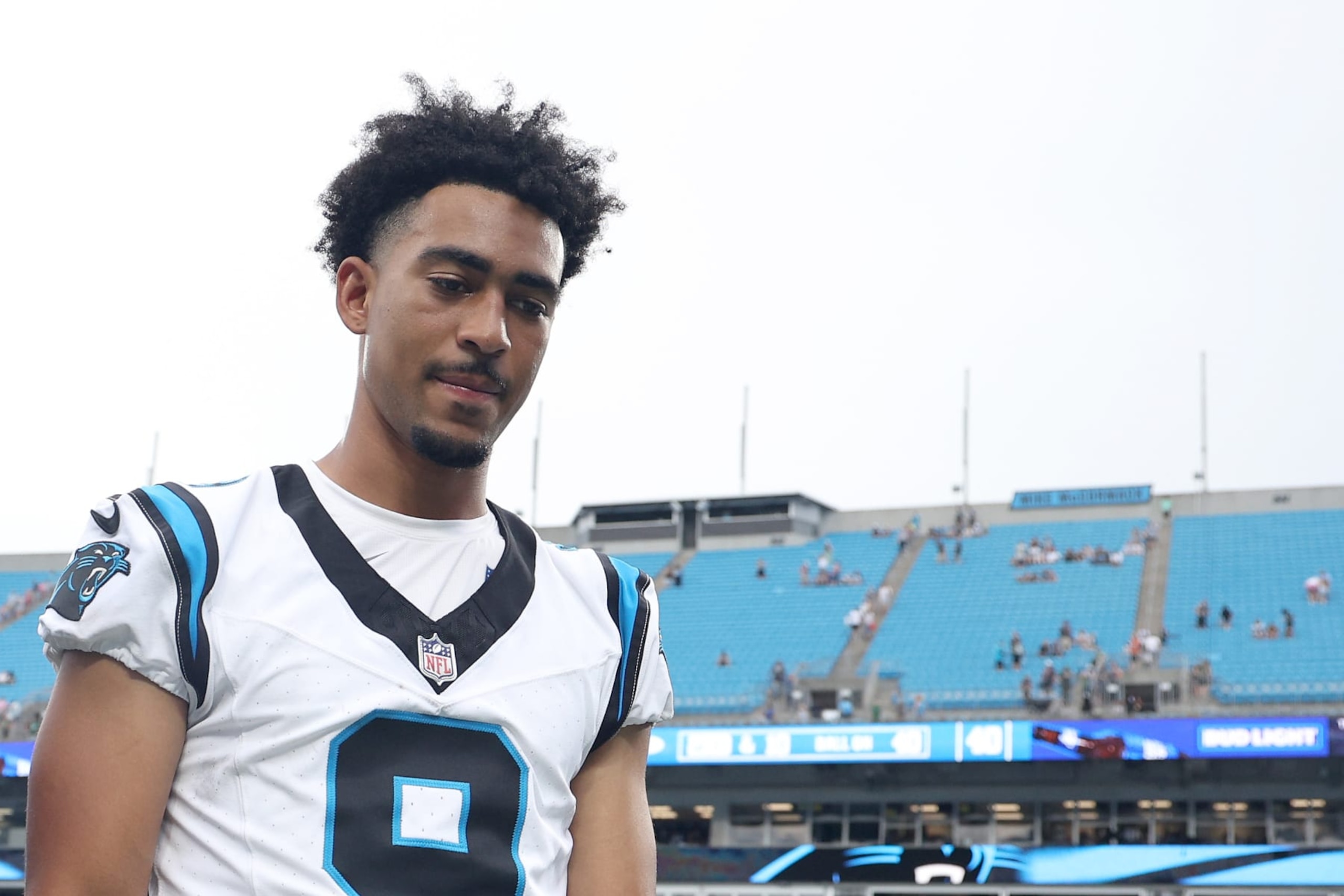 CHARLOTTE, NORTH CAROLINA - AUGUST 12: Bryce Young #9 of the Carolina Panthers walks off the field following a 27-0 loss to the New York Jets at Bank of America Stadium on August 12, 2023 in Charlotte, North Carolina. (Photo by Jared C. Tilton/Getty Images)