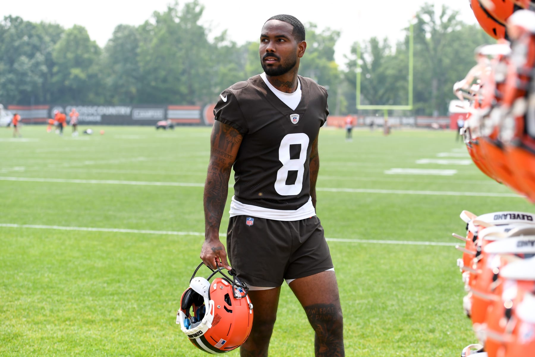 BEREA, OHIO - JUNE 06: Elijah Moore #8 of the Cleveland Browns walks off the field after the Cleveland Browns mandatory veteran minicamp at CrossCountry Mortgage Campus on June 6, 2023 in Berea, Ohio. (Photo by Nick Cammett/Diamond Images via Getty Images)
