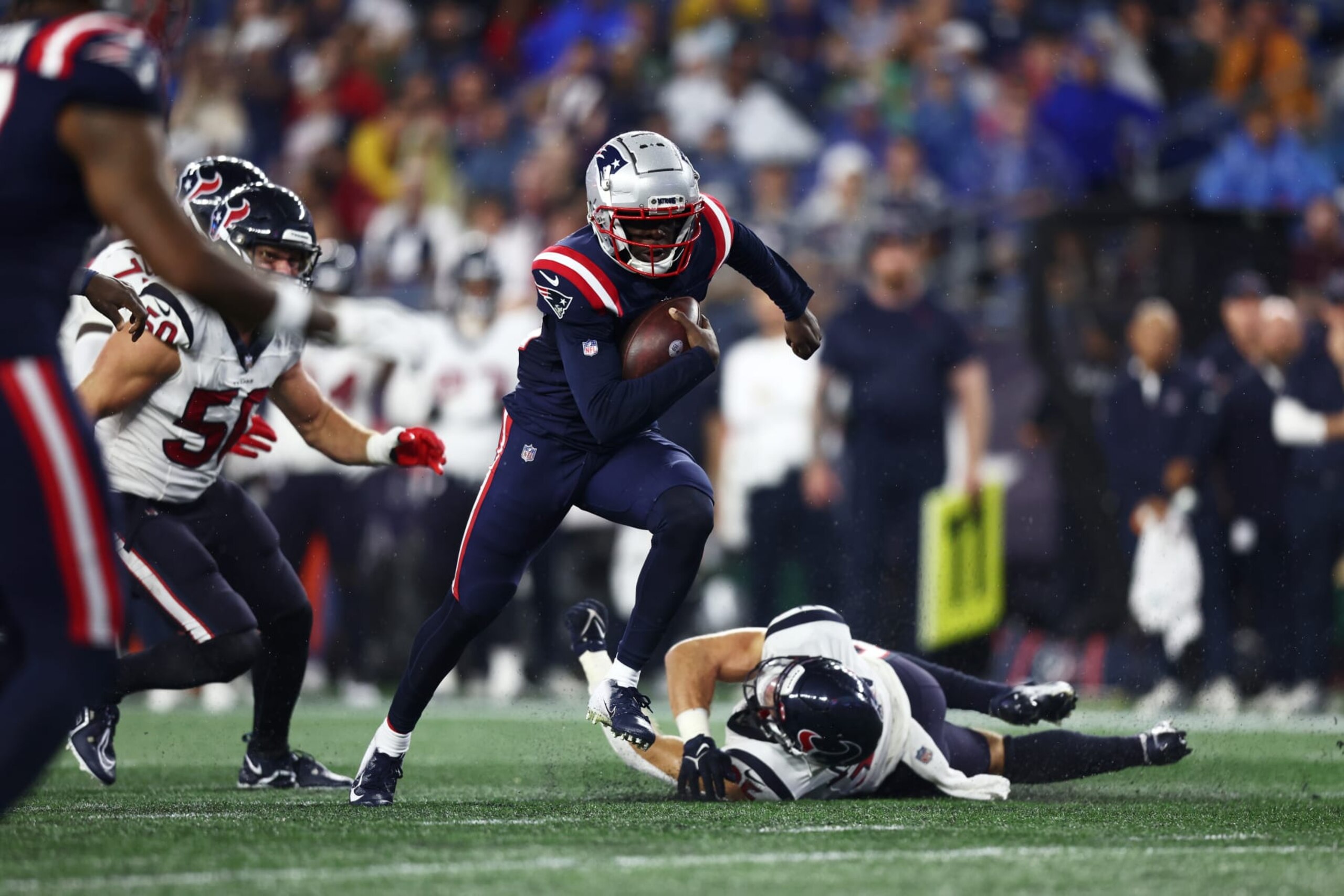 FOXBOROUGH, MASSACHUSETTS - AUGUST 10: Quarterback Malik Cunningham #16 of the New England Patriots rushes in for the touchdown during the fourth quarter during the preseason game against the Houston Texans at Gillette Stadium on August 10, 2023 in Foxborough, Massachusetts. (Photo by Omar Rawlings/Getty Images)