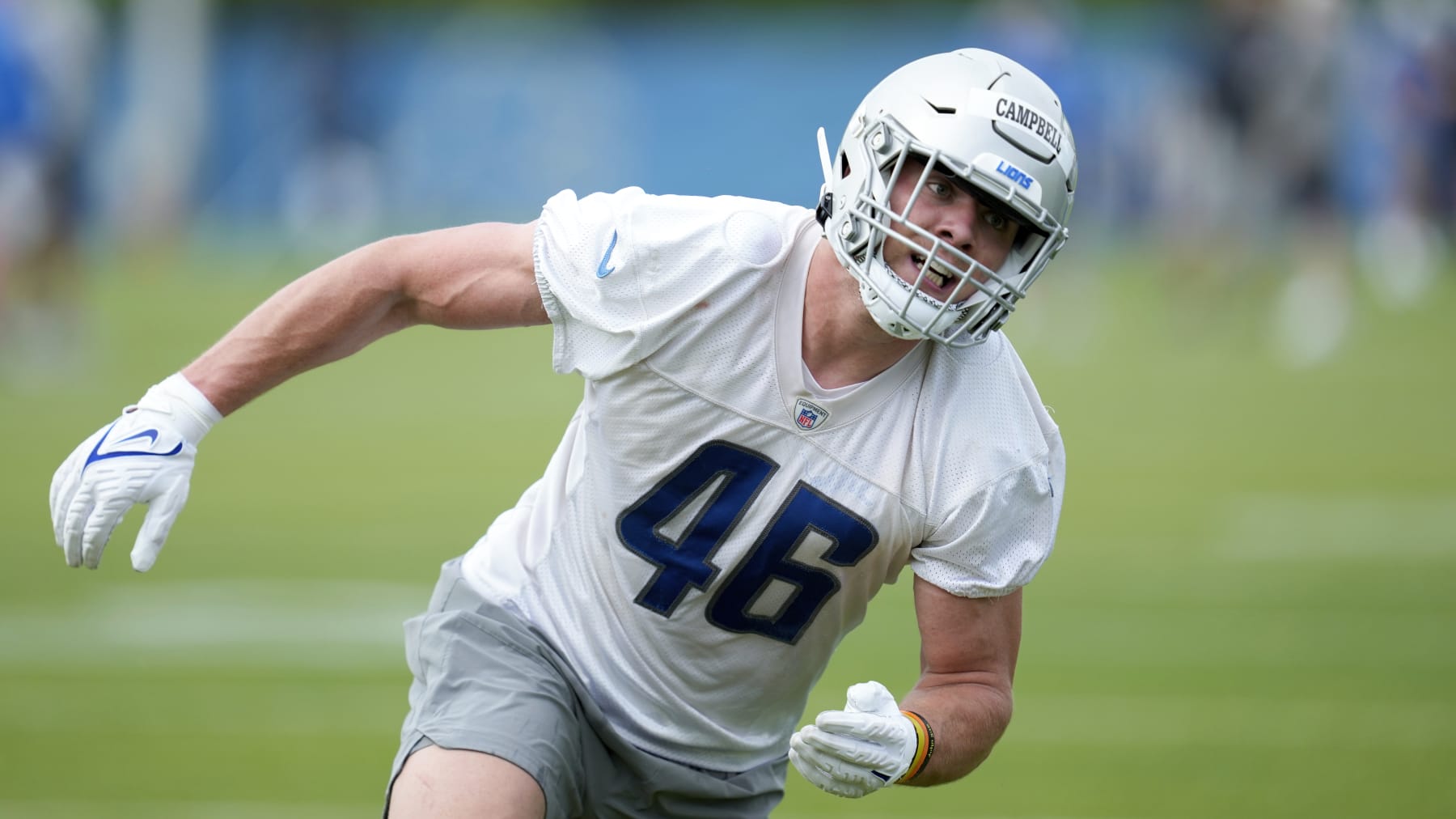 Detroit Lions linebacker Jack Campbell runs a drill during an NFL football rookie minicamp practice in Allen Park, Mich., Saturday, May 13, 2023. (AP Photo/Paul Sancya)