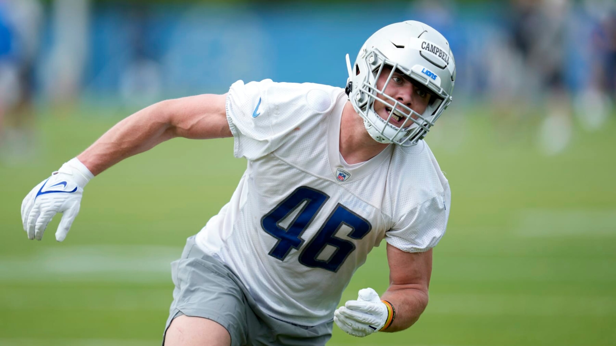 Detroit Lions linebacker Jack Campbell runs a drill during an NFL football rookie minicamp practice in Allen Park, Mich., Saturday, May 13, 2023. (AP Photo/Paul Sancya)