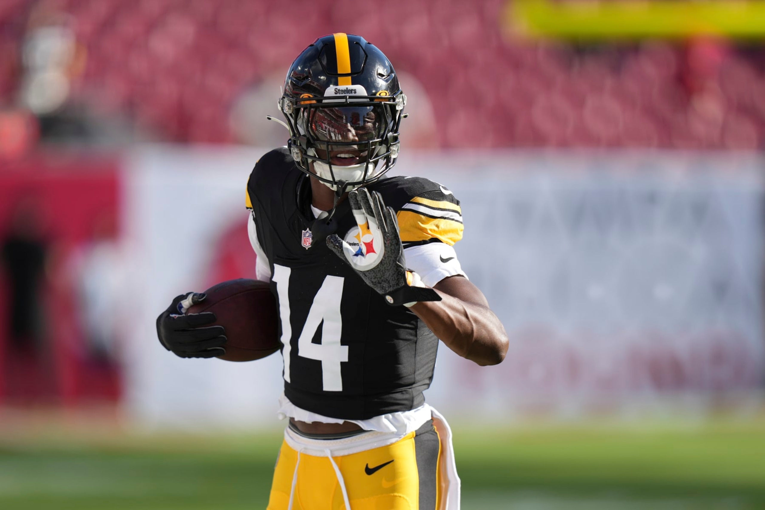 Pittsburgh Steelers wide receiver George Pickens (14) runs drills before an NFL preseason football game against the Tampa Bay Buccaneers, Friday, Aug. 11, 2023, in Tampa, Fla. (AP Photo/Peter Joneleit) Pittsburgh Steelers wide receiver George Pickens (14) runs drills before an NFL preseason football game against the Tampa Bay Buccaneers, Friday, Aug. 11, 2023, in Tampa, Fla. (AP Photo/Peter Joneleit)