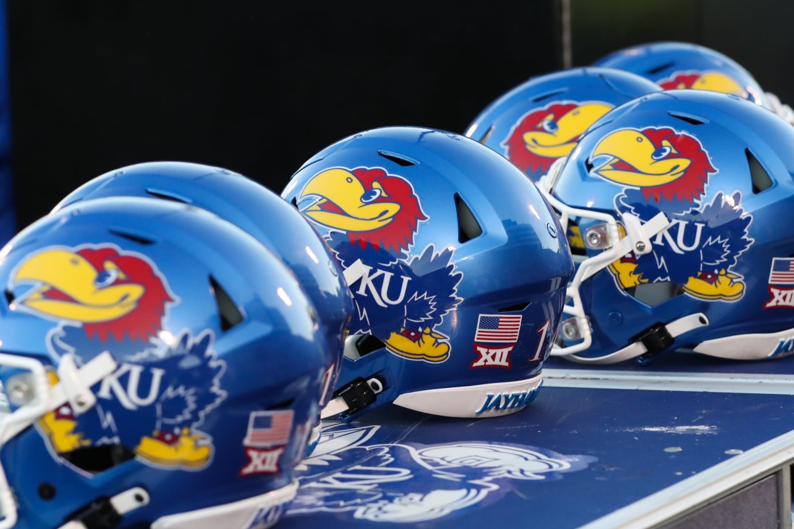 LAWRENCE, KS - SEPTEMBER 02: A view of Kansas Jayhawks helmets during a college football game between the Tennessee Tech Golden Eagles and Kansas Jayhawks on September 2, 2022 at Memorial Stadium in Lawrence, KS. Photo by Scott Winters/Icon Sportswire via Getty Images) LAWRENCE, KS - SEPTEMBER 02: A view of Kansas Jayhawks helmets during a college football game between the Tennessee Tech Golden Eagles and Kansas Jayhawks on September 2, 2022 at Memorial Stadium in Lawrence, KS. Photo by Scott Winters/Icon Sportswire via Getty Images)